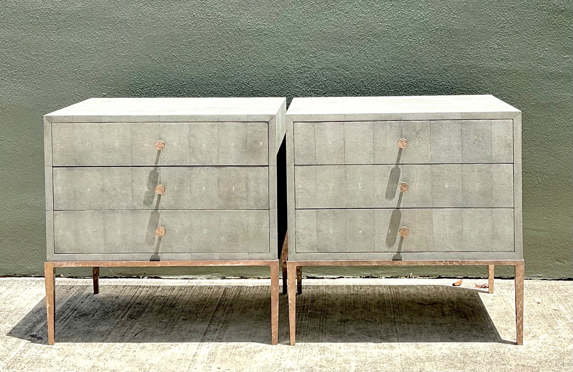 Vintage Shagreen Nightstands on Brass Base - Pair - Back view