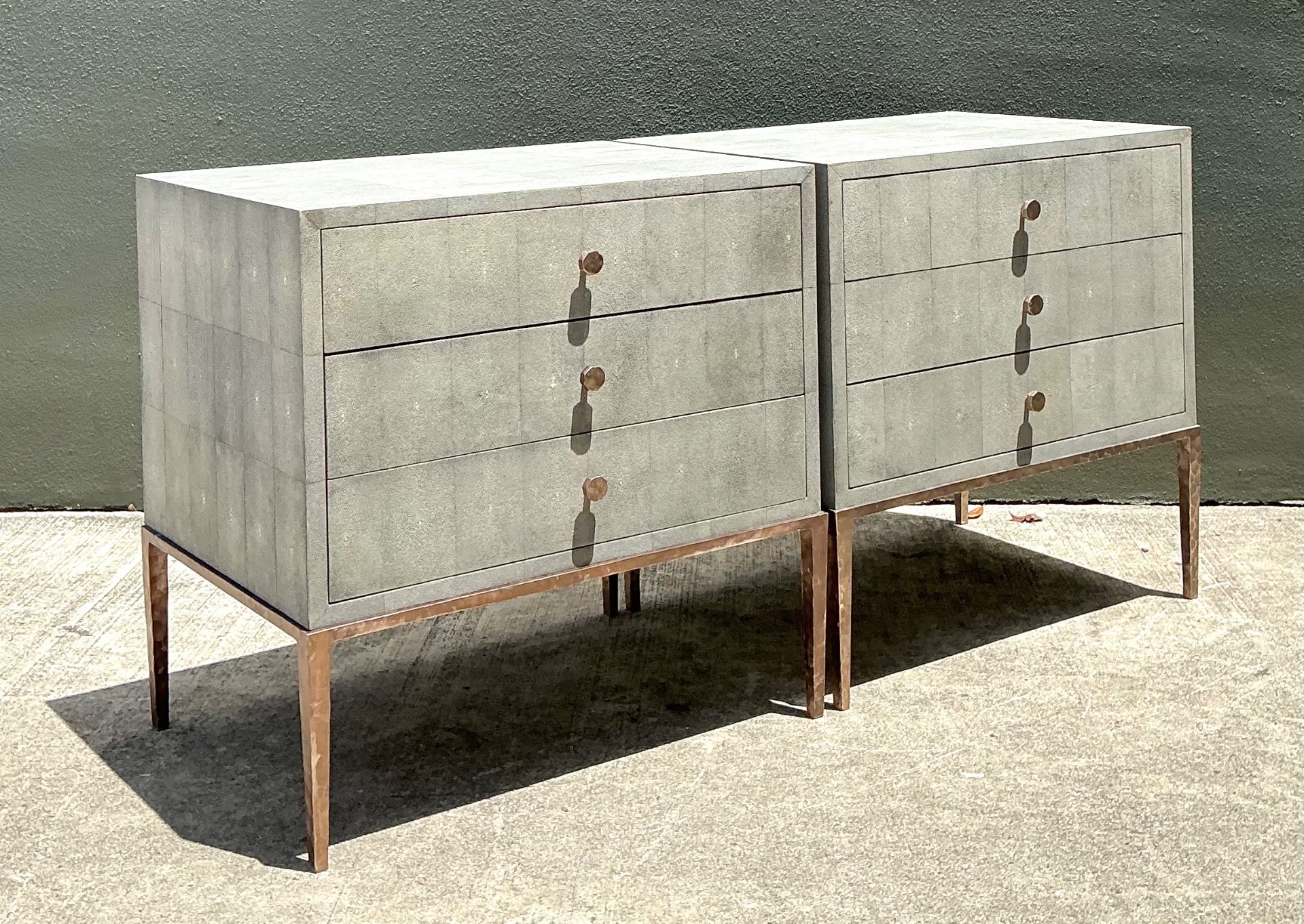 Vintage Shagreen Nightstands on Brass Base - Pair - Side view
