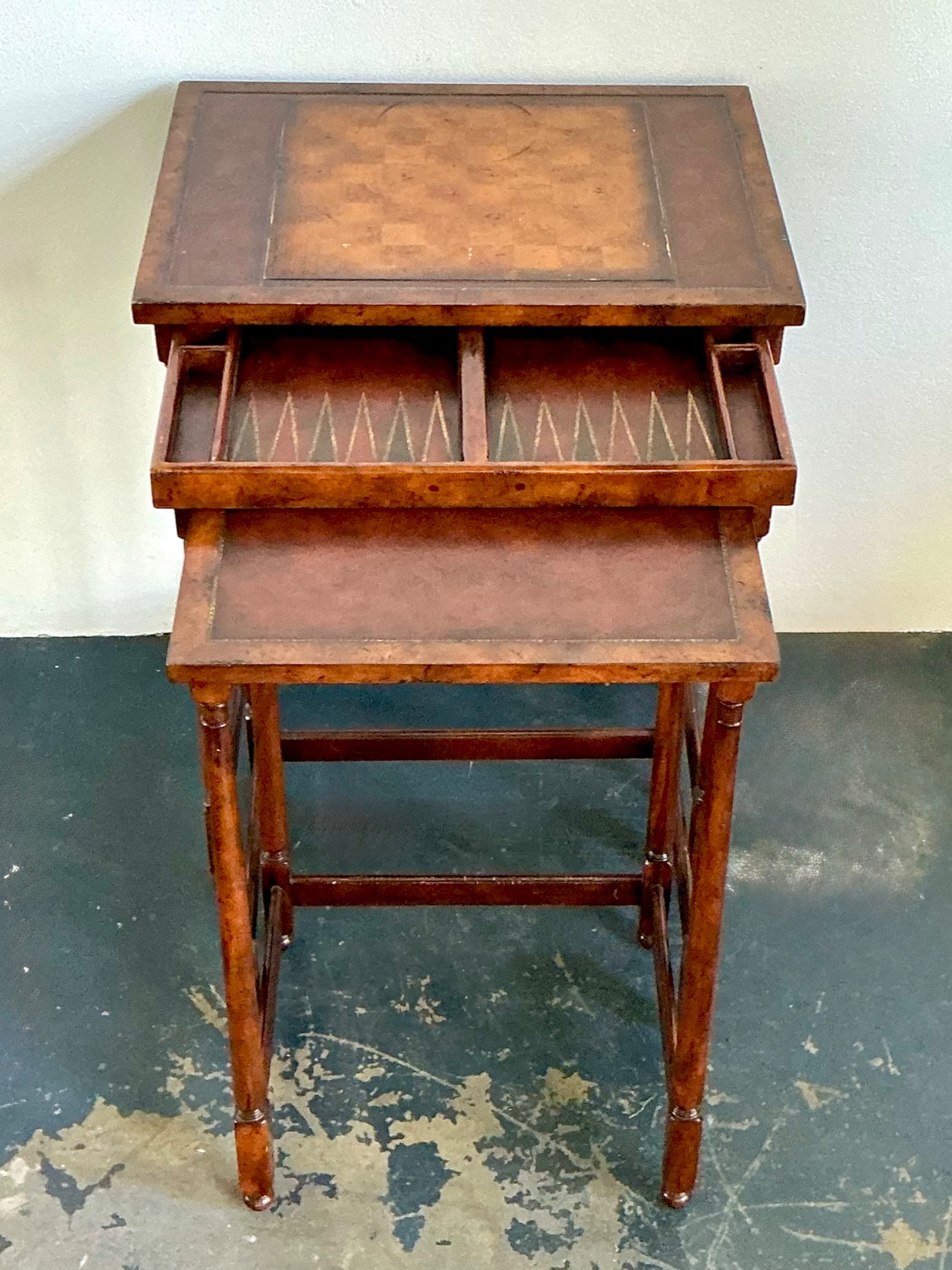 Vintage Theodore Alexander Wood Nesting Tables with Game Boards - Top view