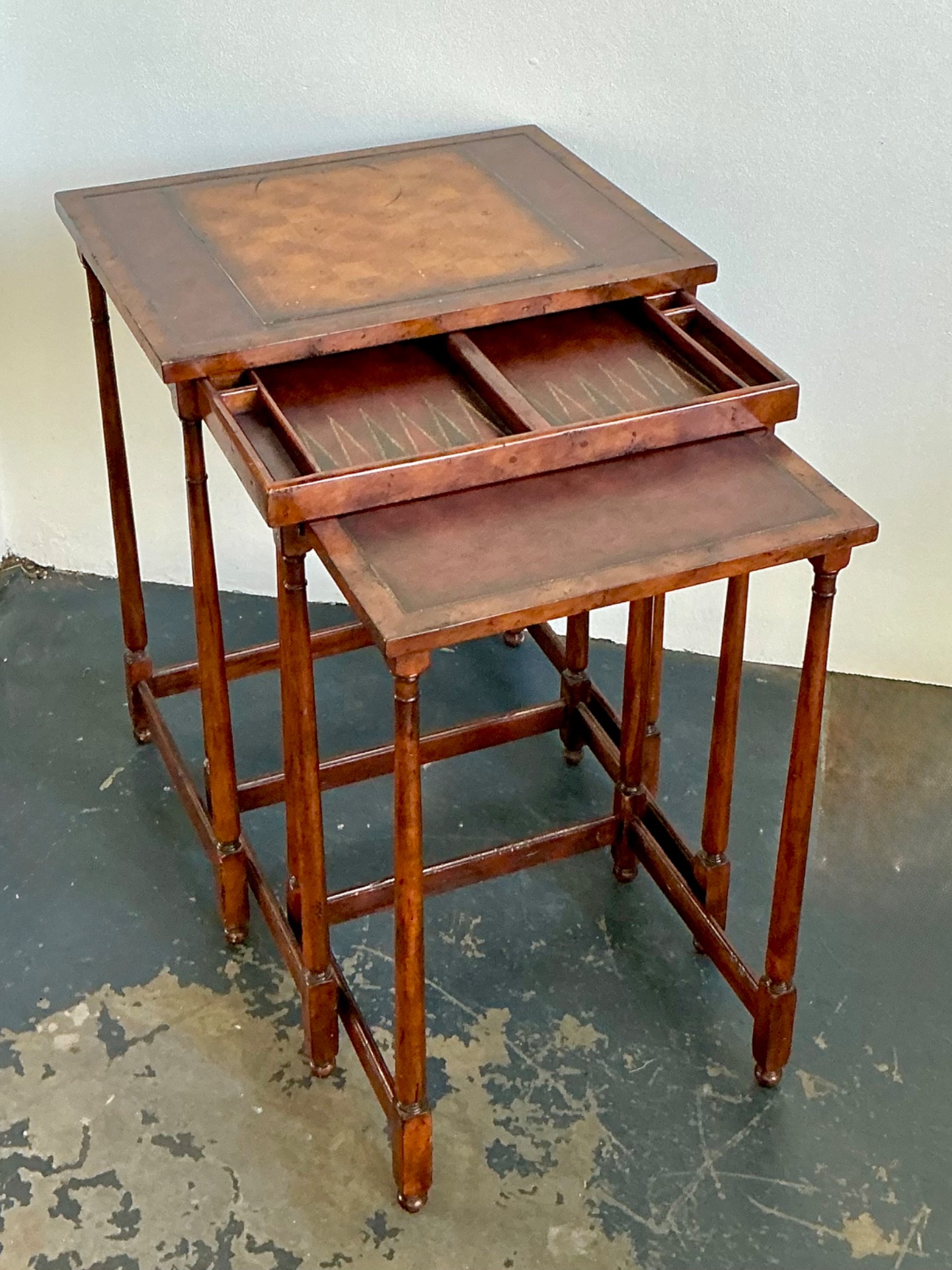 Vintage Theodore Alexander Wood Nesting Tables with Game Boards - Side view