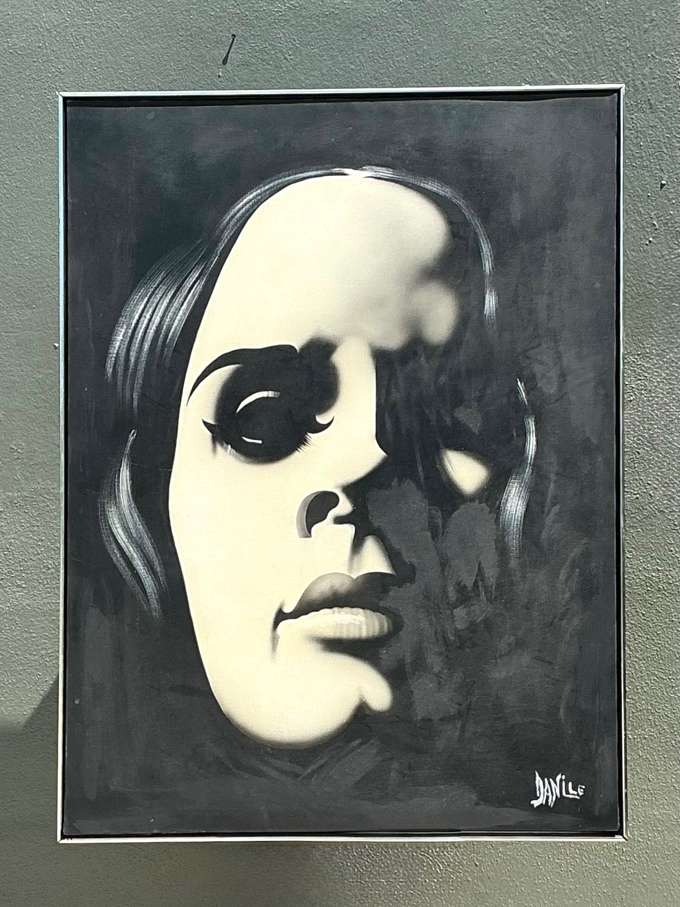 Vintage Monumental Monochromatic Portrait Oil On Canvas - Detail view