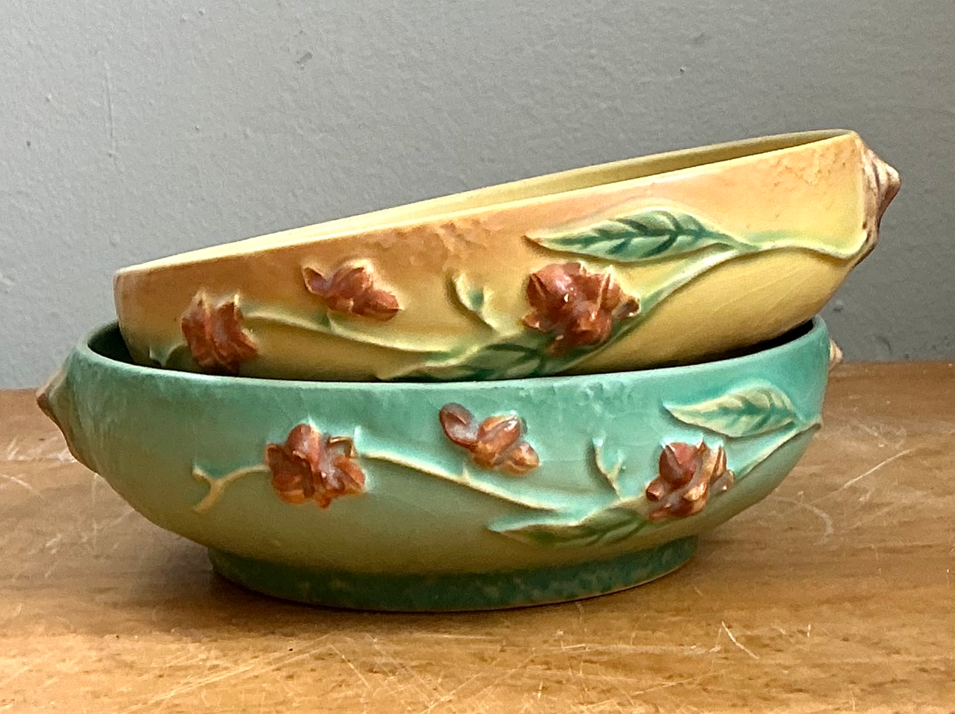 Vintage Roseville “Bittersweet” Floral Ceramic Bowls - Pair - Side view