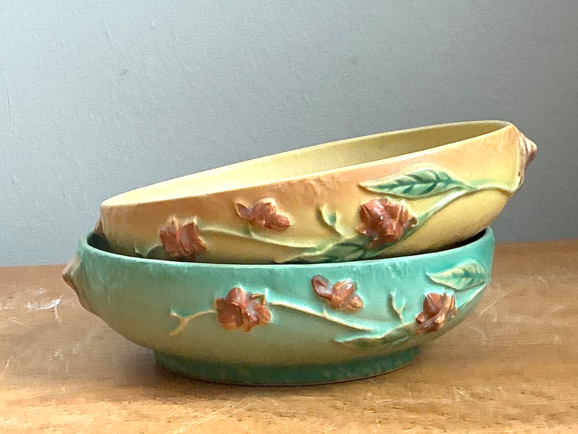 Vintage Roseville “Bittersweet” Floral Ceramic Bowls - Pair - Top view