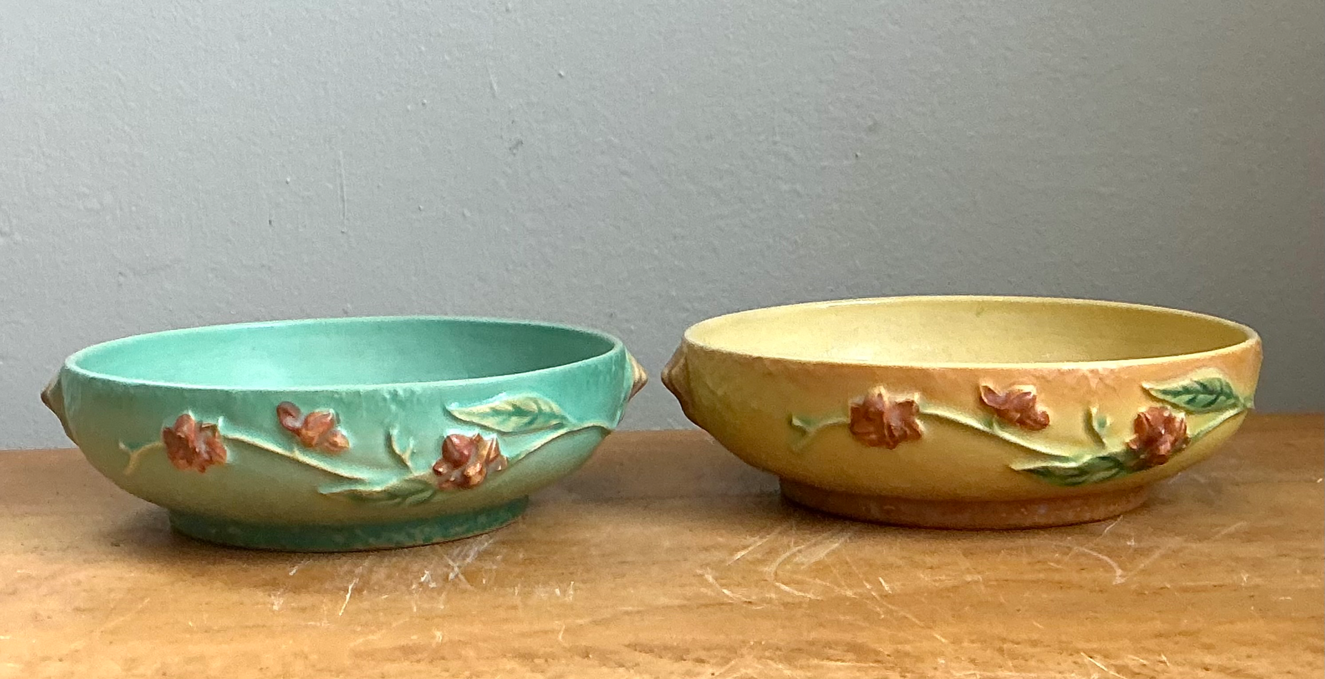Vintage Roseville “Bittersweet” Floral Ceramic Bowls - Pair - Back view