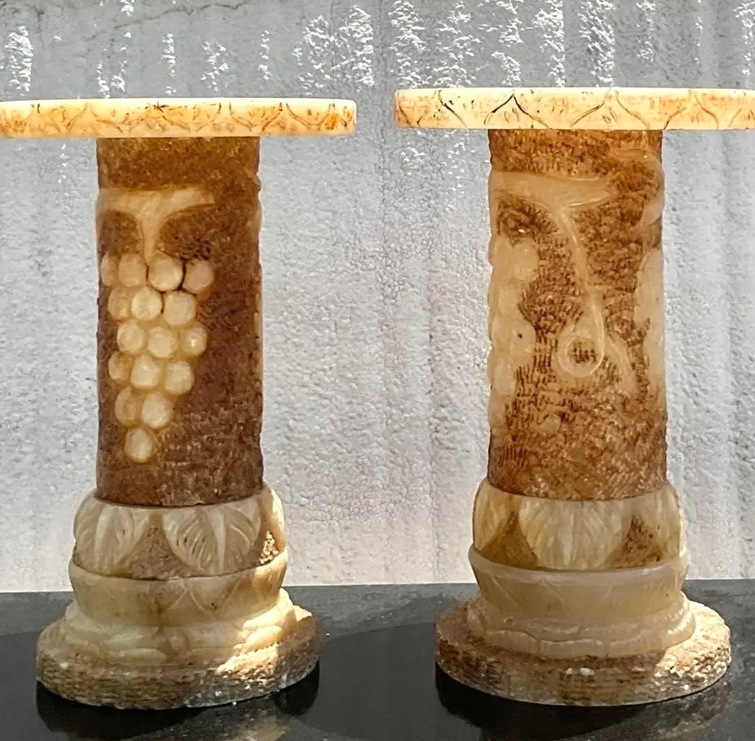 Vintage Italian Carved Alabaster Pedestals - A Pair - Side view