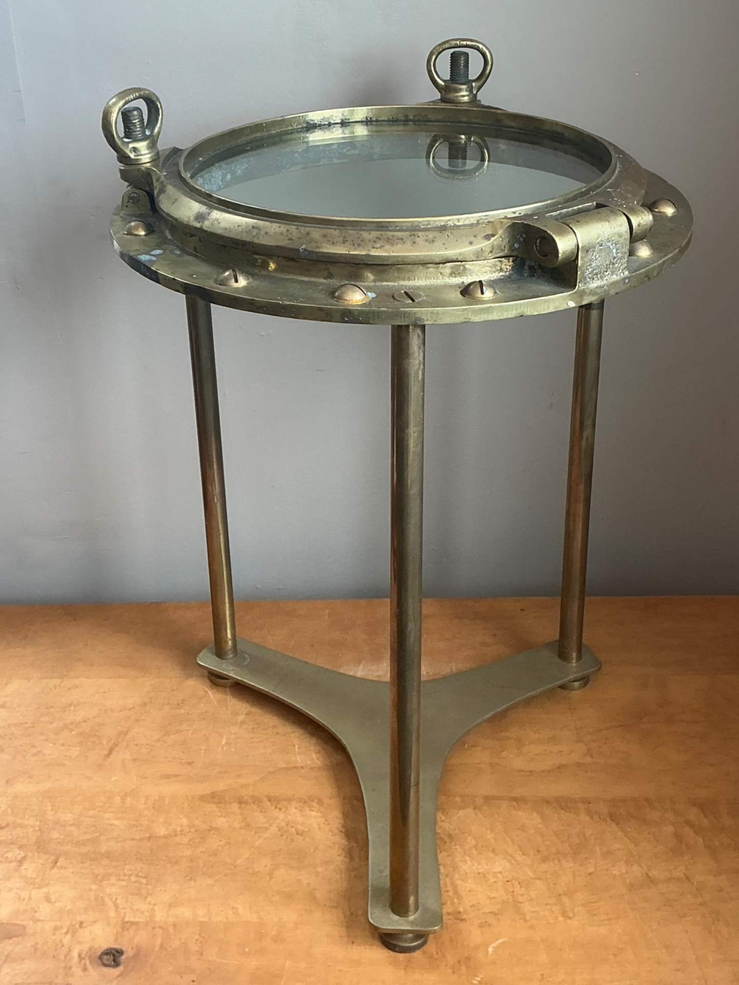 Vintage Maritime Brass Porthole Accent Table - Side view