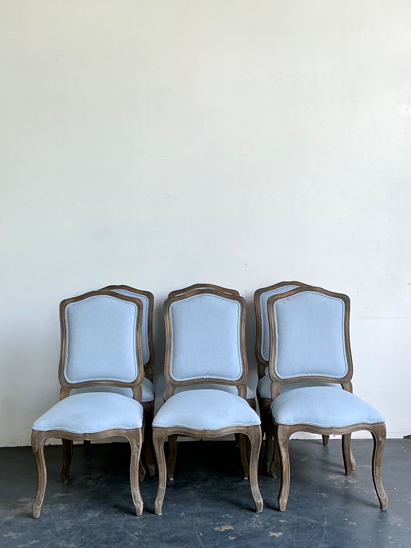 Vintage Carved Wood Dining Chairs with Blue Upholstery - Set of 6 - Side view