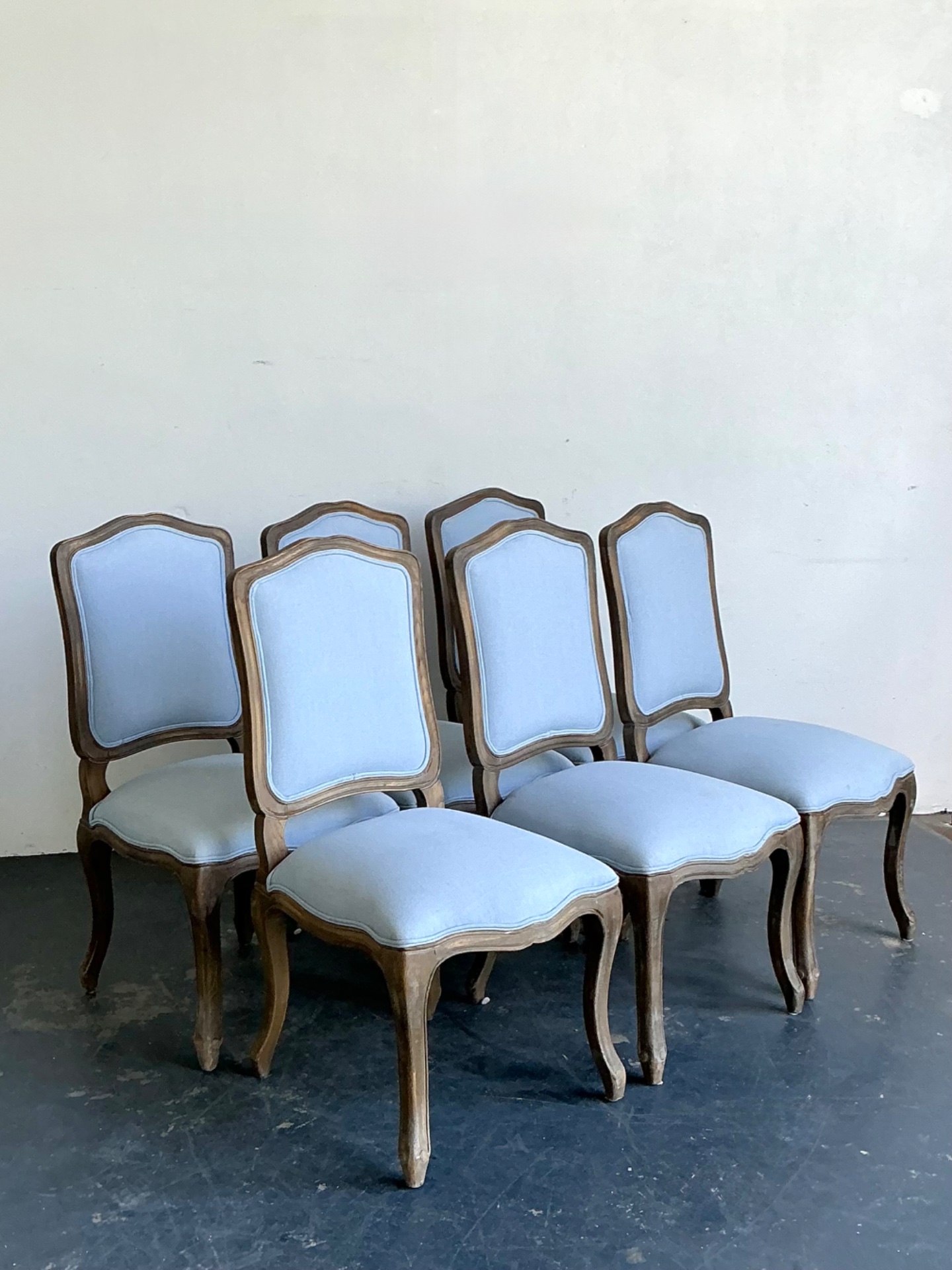 Vintage Carved Wood Dining Chairs with Blue Upholstery - Set of 6 - Back view