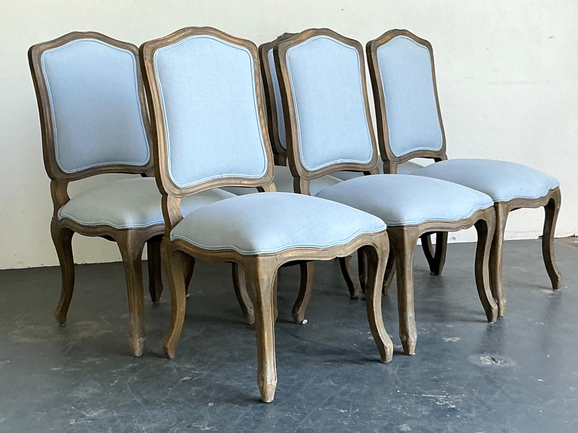 Vintage Carved Wood Dining Chairs with Blue Upholstery - Set of 6 - Detail view