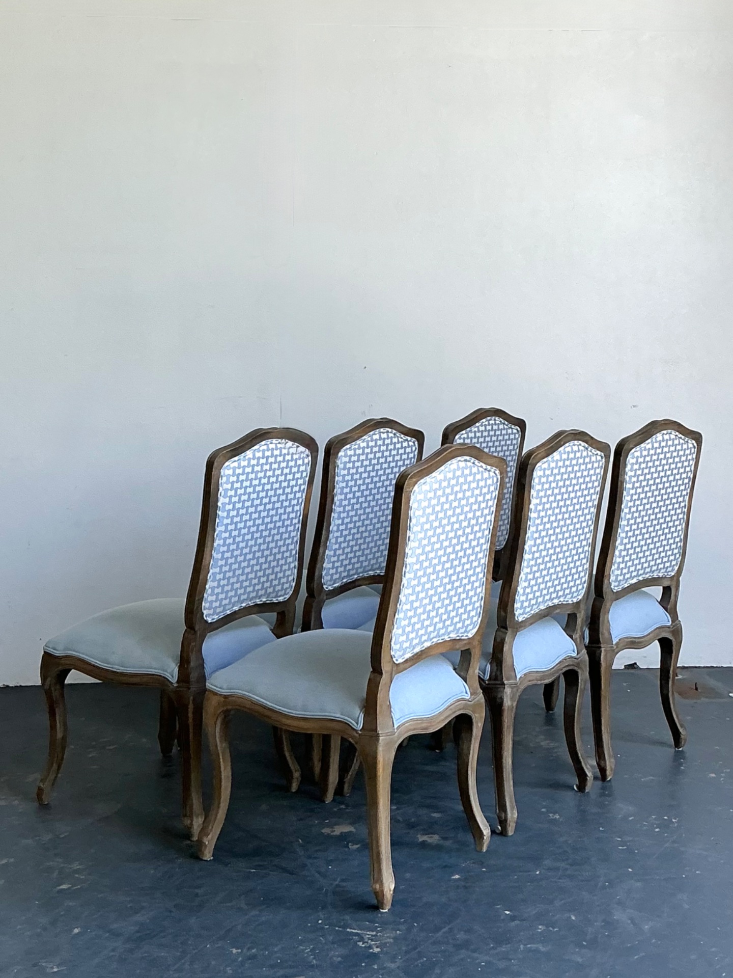 Vintage Carved Wood Dining Chairs with Blue Upholstery - Set of 6 - Top view