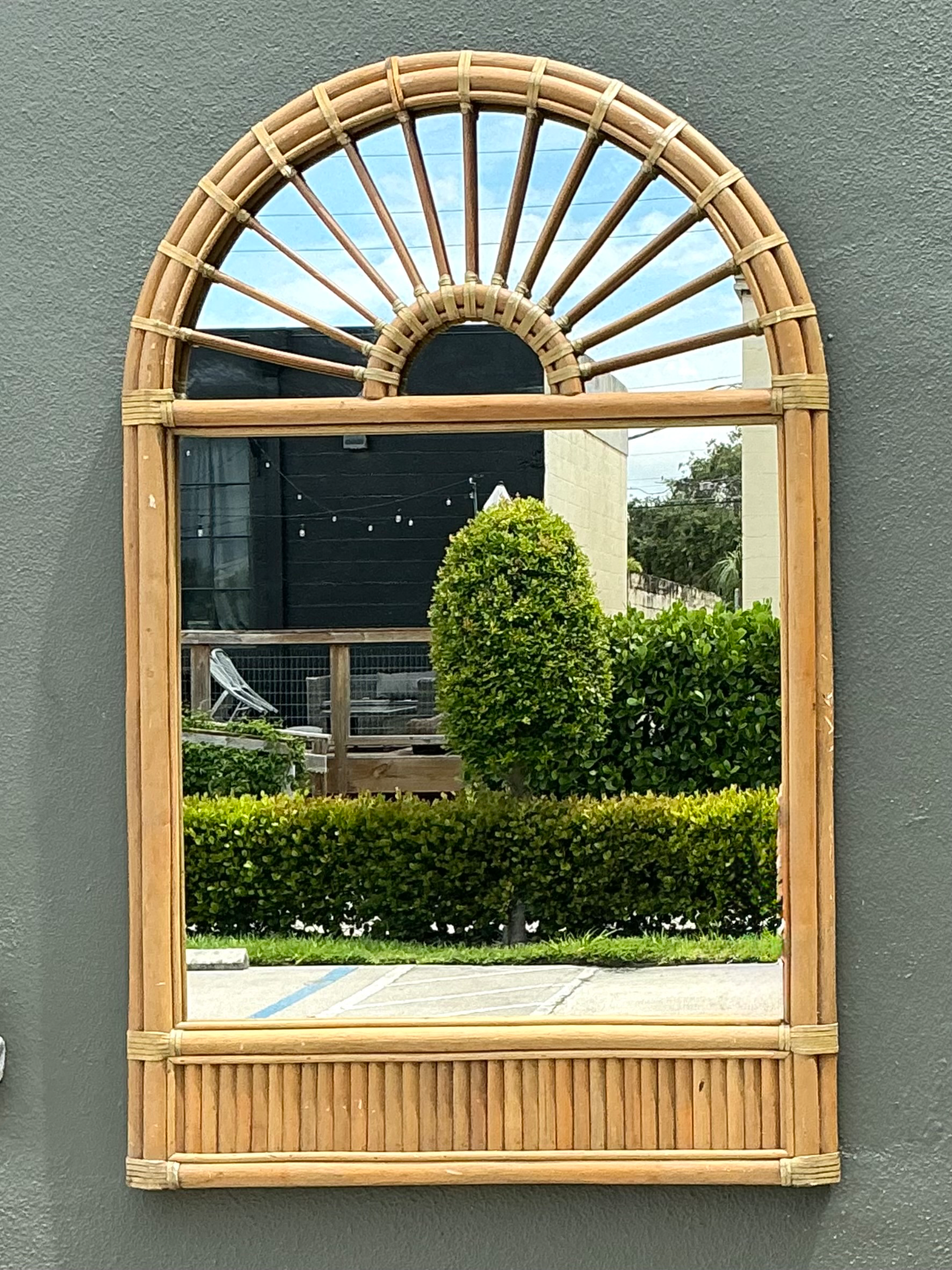 Vintage Boho Arched Rattan Mirror - Back view