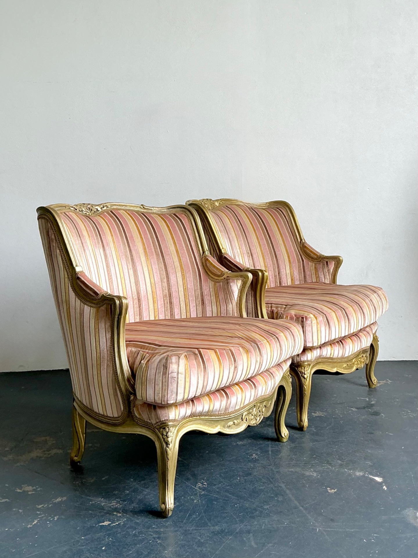 Vintage French Giltwood Striped Devore Bergère Chairs - A Pair - Back view