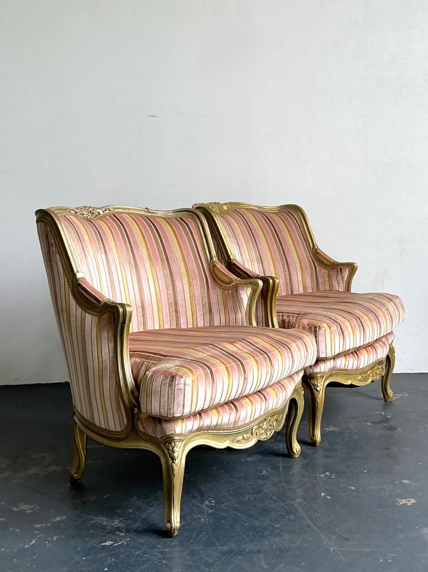 Vintage French Giltwood Striped Devore Bergère Chairs - A Pair - Side view