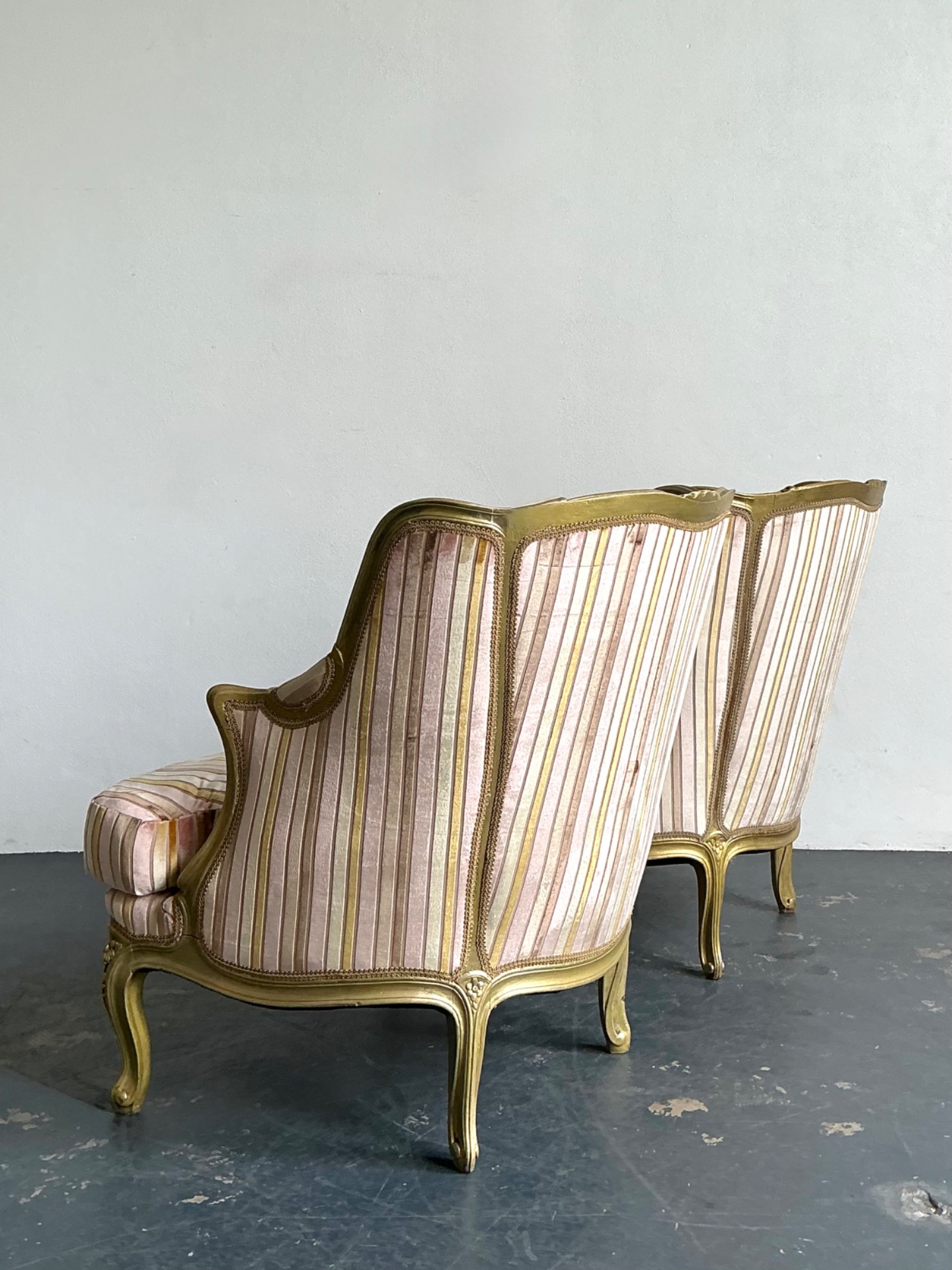 Vintage French Giltwood Striped Devore Bergère Chairs - A Pair - Top view