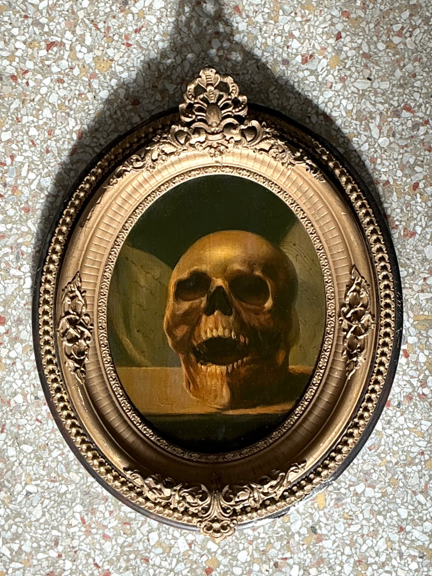 Vintage Skull Oil Painting in Ornate Frame - Detail view