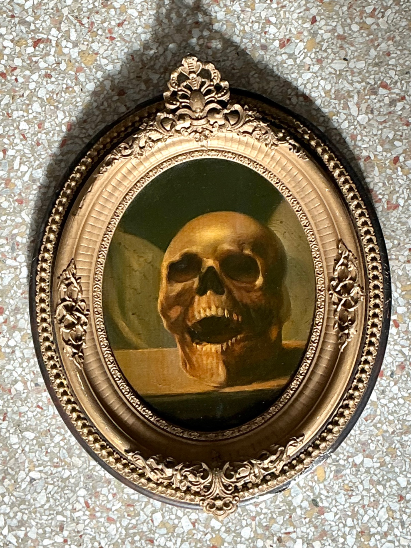 Vintage Skull Oil Painting in Ornate Frame - Back view
