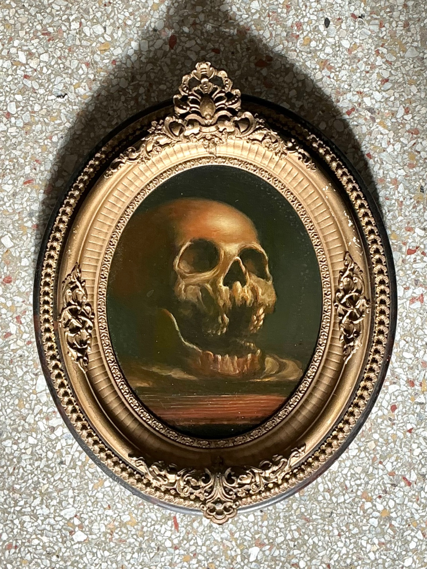 Vintage Skull Oil Painting in Ornate Frame - Detail view