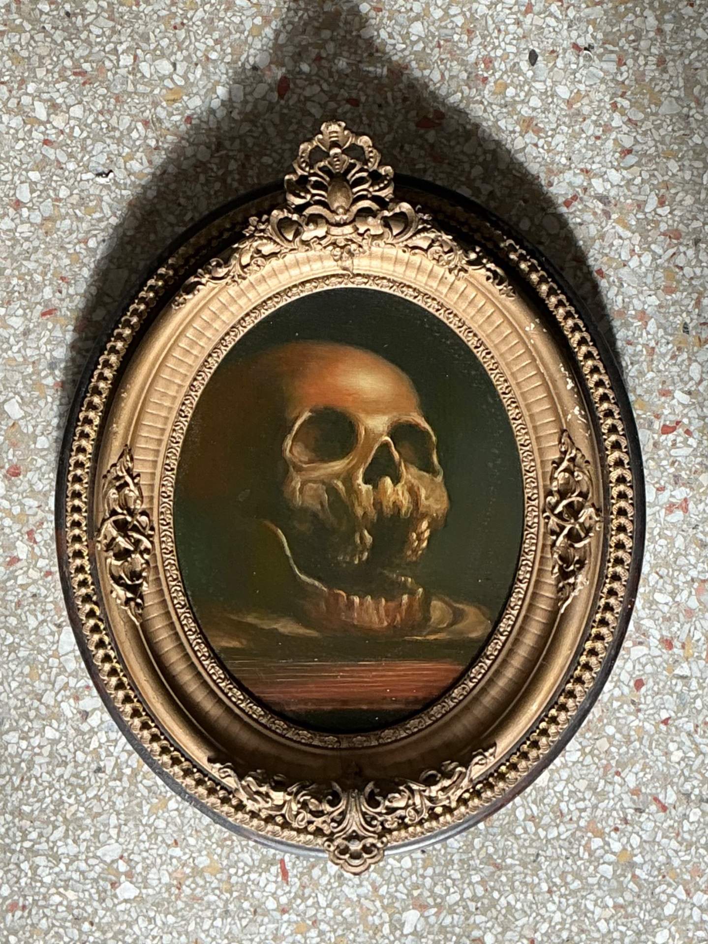 Vintage Skull Oil Painting in Ornate Frame - Side view