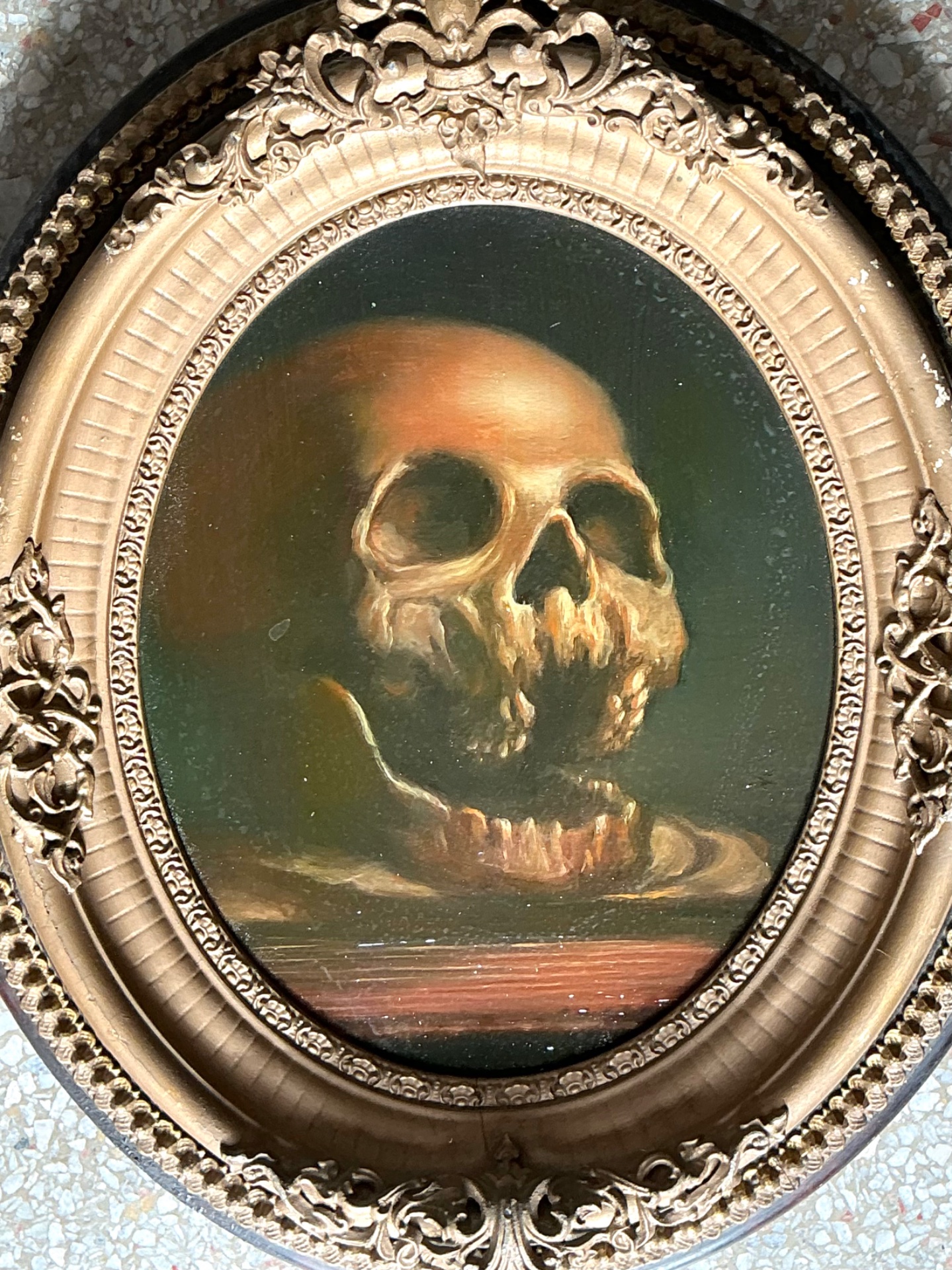 Vintage Skull Oil Painting in Ornate Frame - Back view