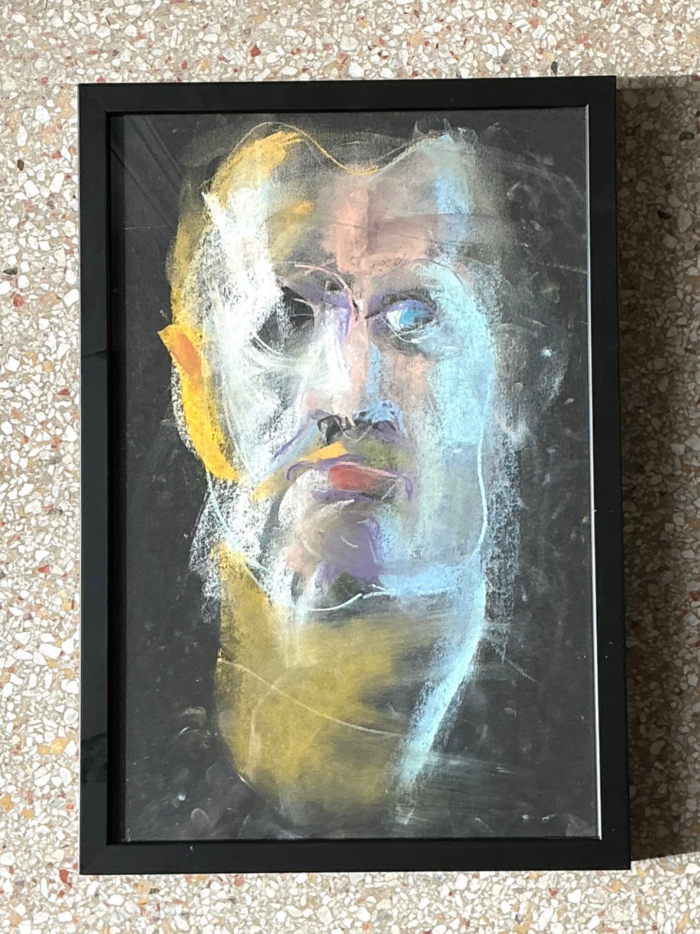 Vintage Abstract Portrait Oil Pastel Painting - Detail view