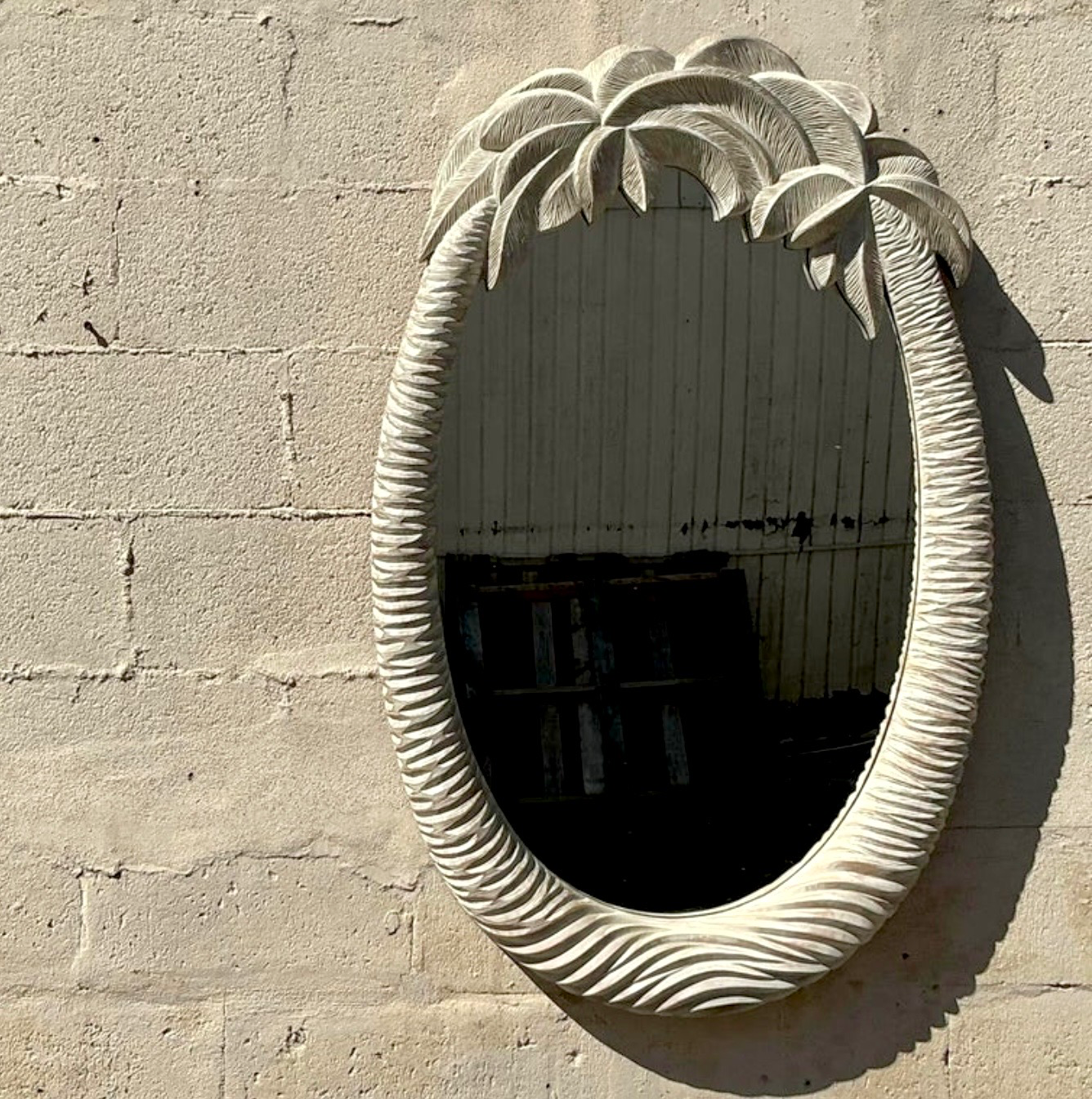 Vintage Coastal Carved Palm Tree Mirror - Back view