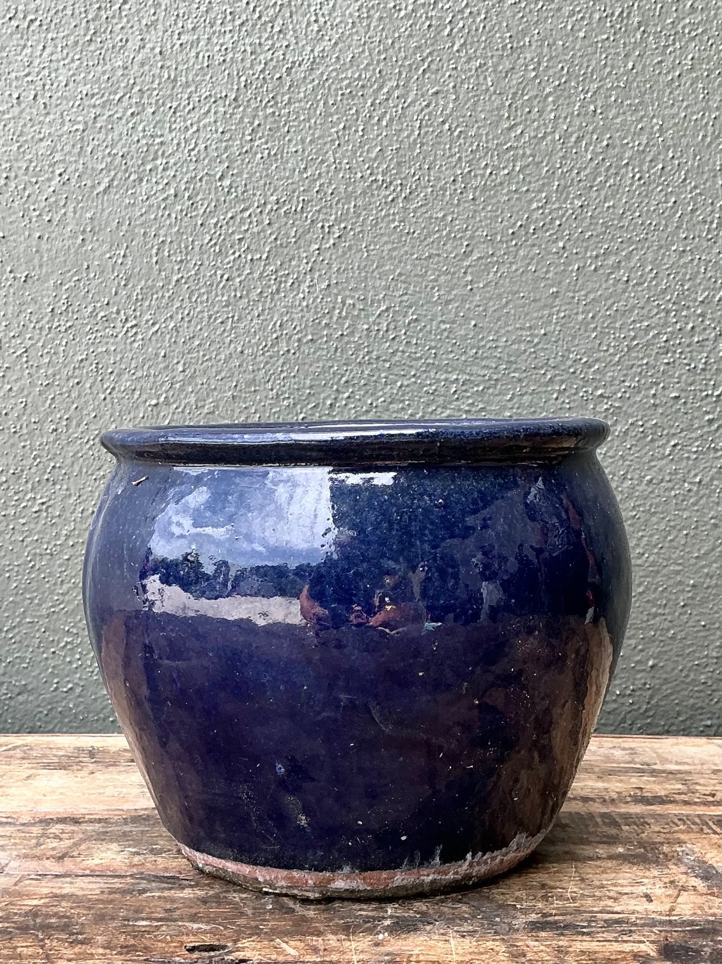 Vintage Blue Glazed Ceramic Planter - Back view