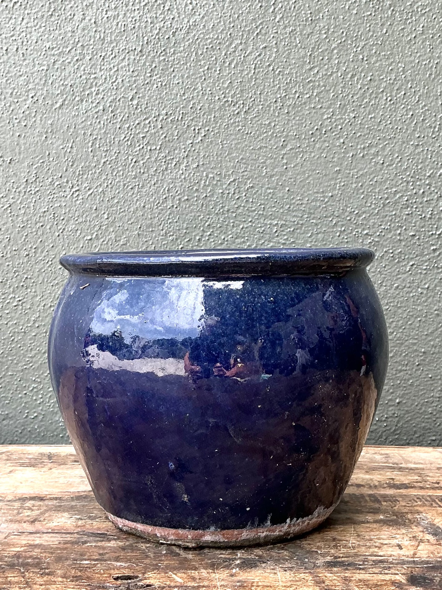 Vintage Blue Glazed Ceramic Planter - Detail view