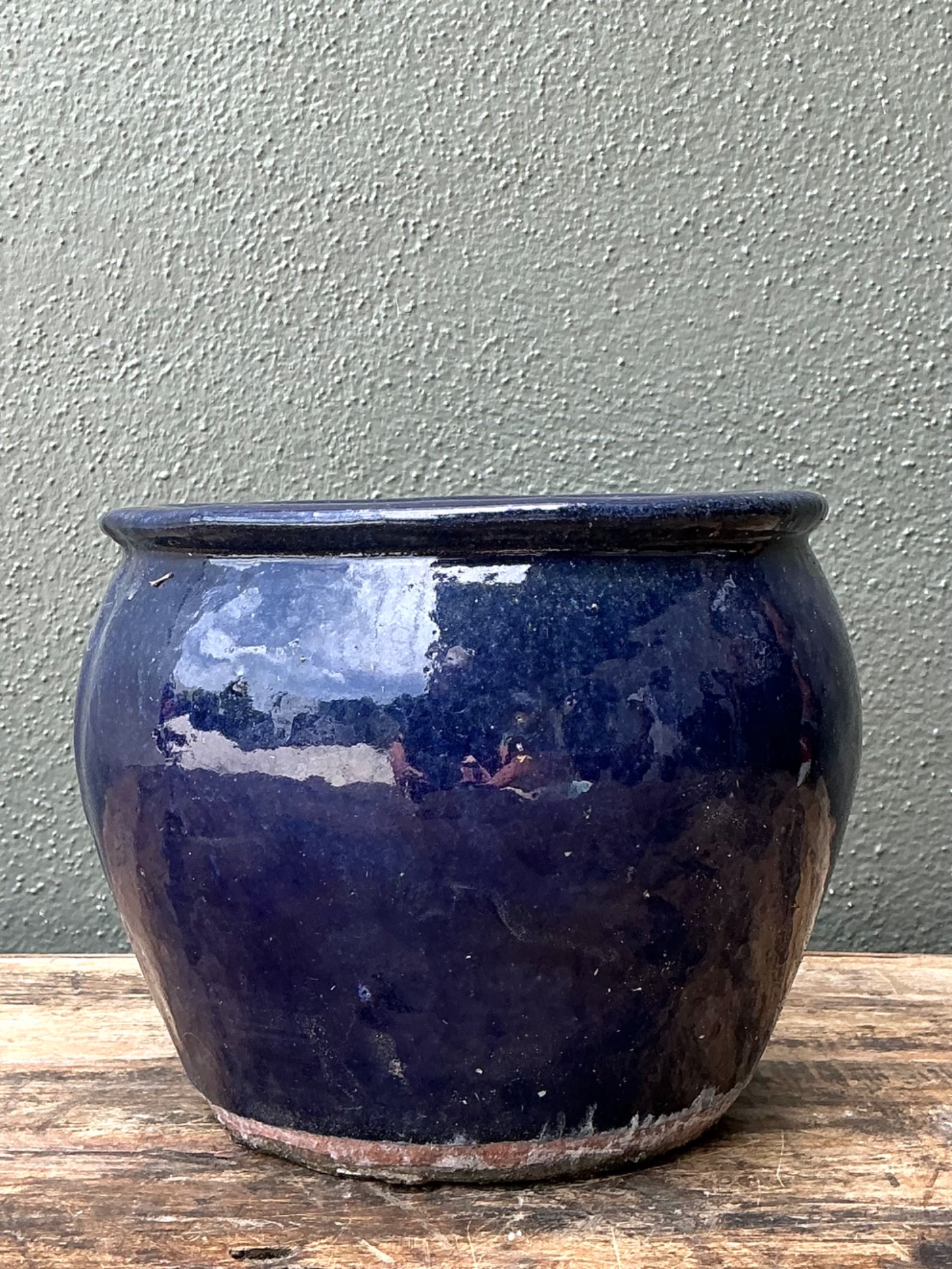 Vintage Blue Glazed Ceramic Planter - Top view