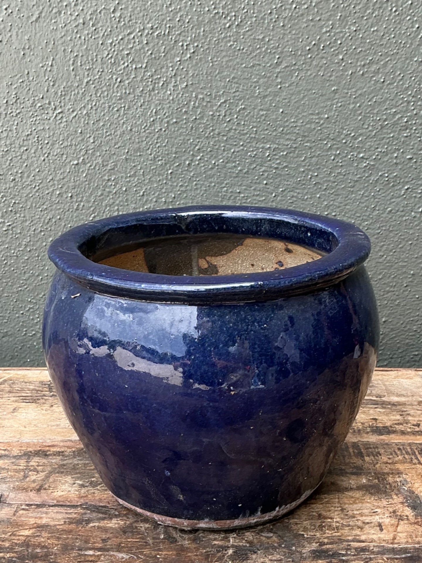 Vintage Blue Glazed Ceramic Planter - Back view