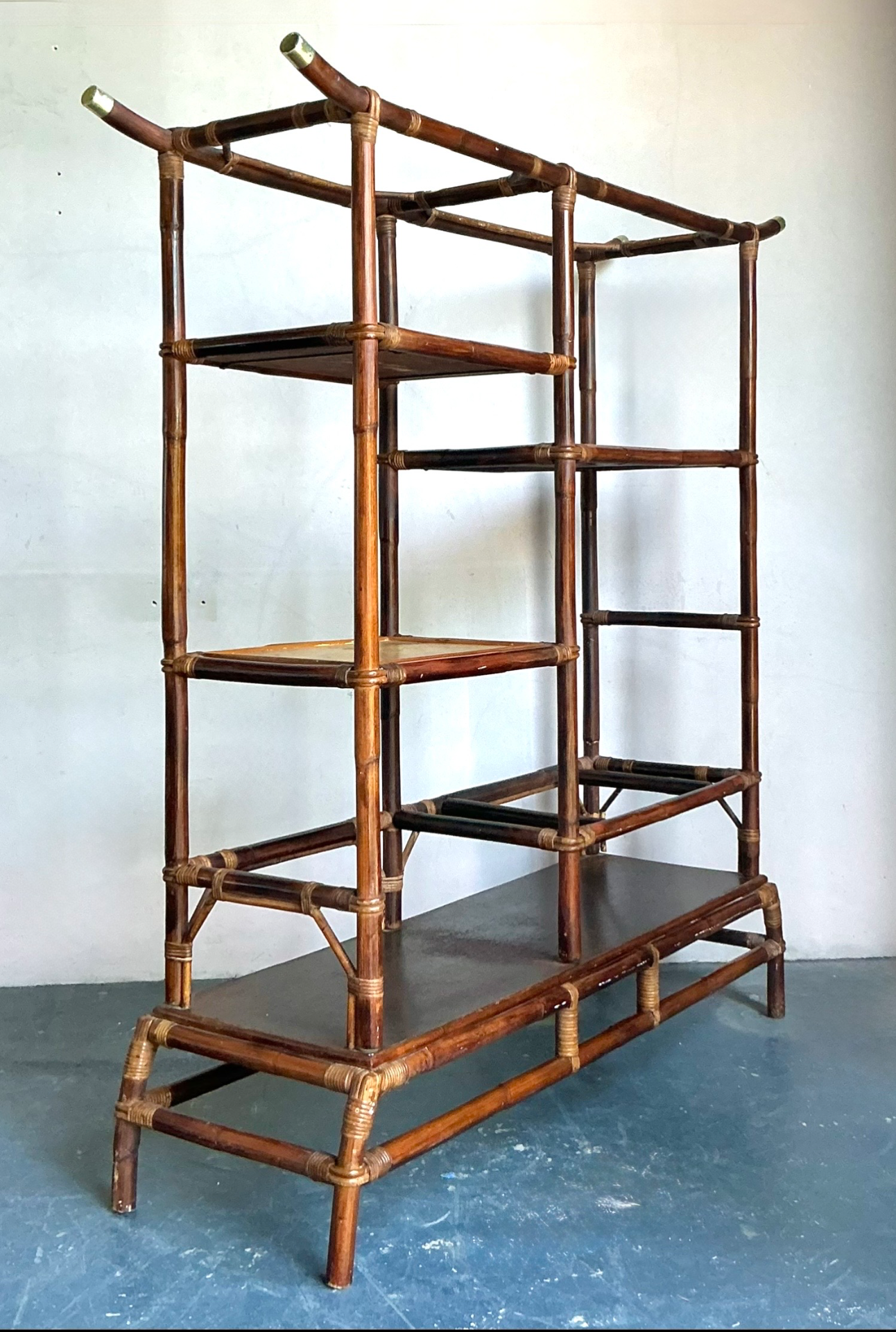 Vintage Boho Rattan Pagoda Etagere After John Wisner for Ficks Reed - Side view