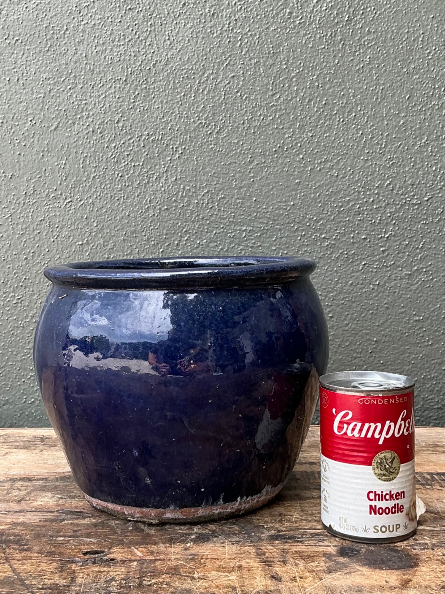 Vintage Blue Glazed Ceramic Planter - Side view