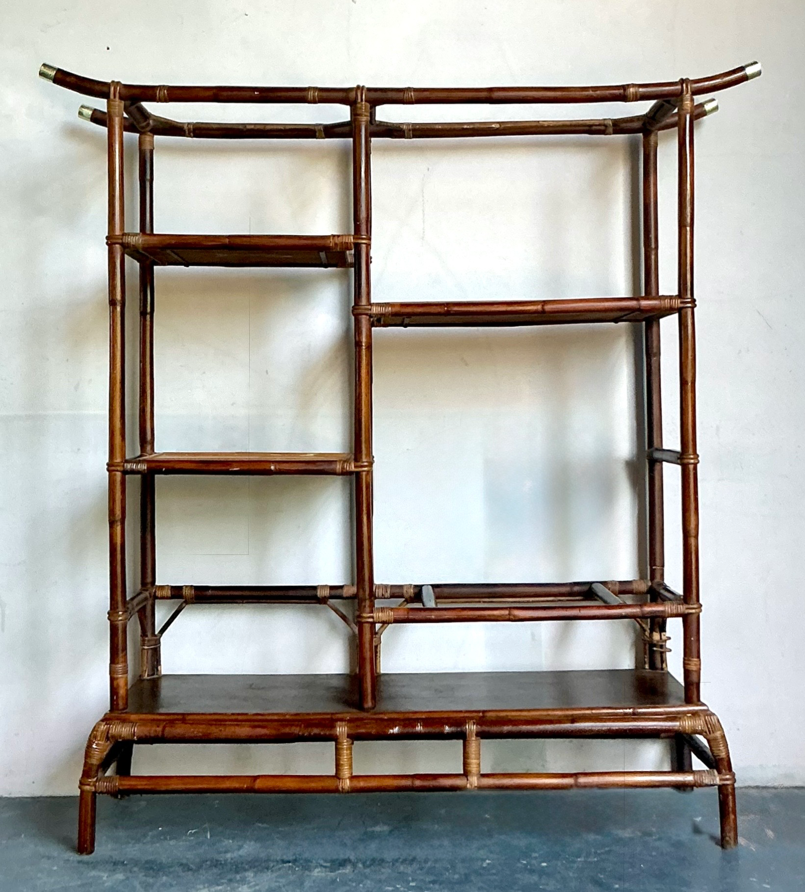 Vintage Boho Rattan Pagoda Etagere After John Wisner for Ficks Reed - Back view