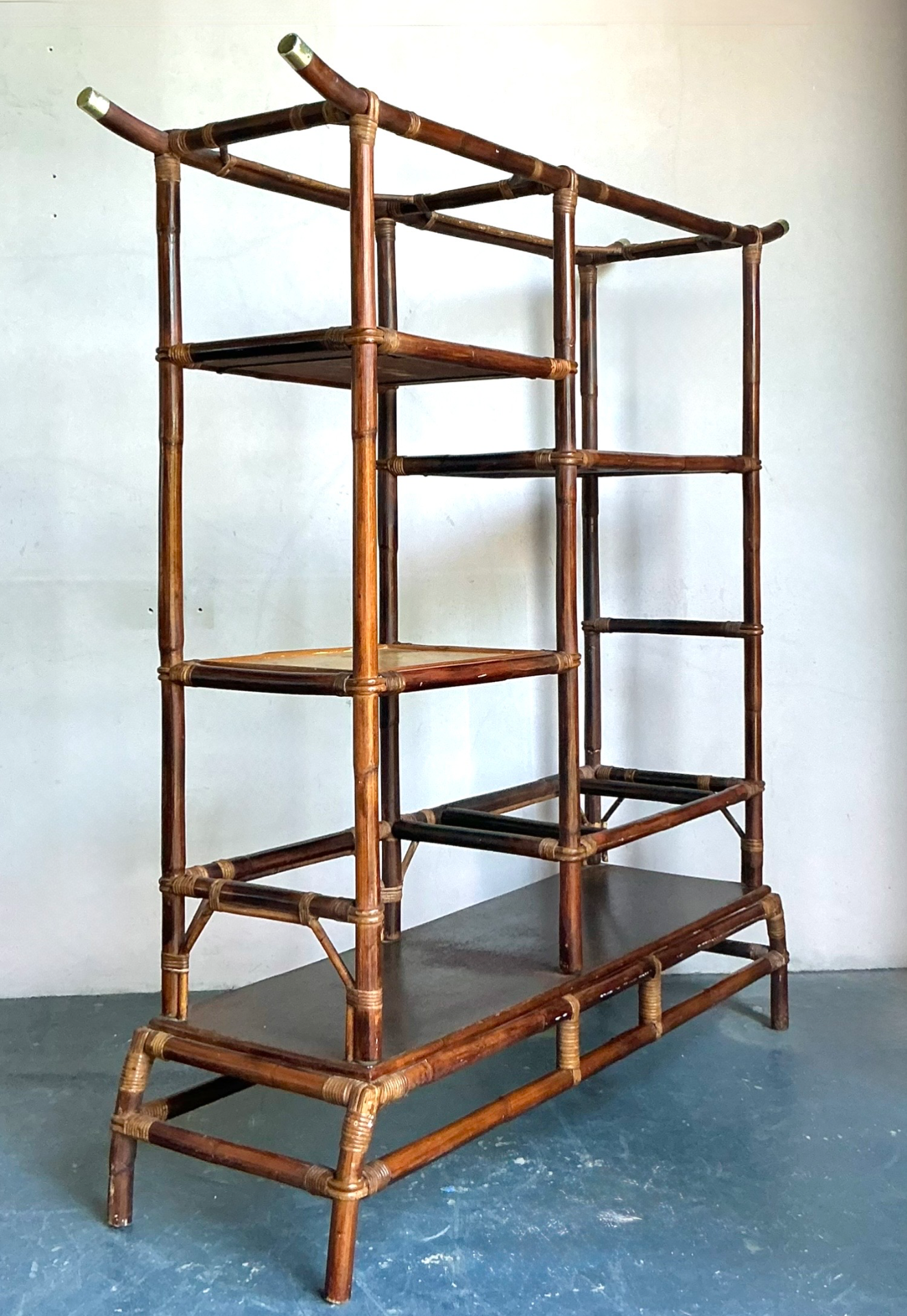 Vintage Boho Rattan Pagoda Etagere After John Wisner for Ficks Reed - Detail view