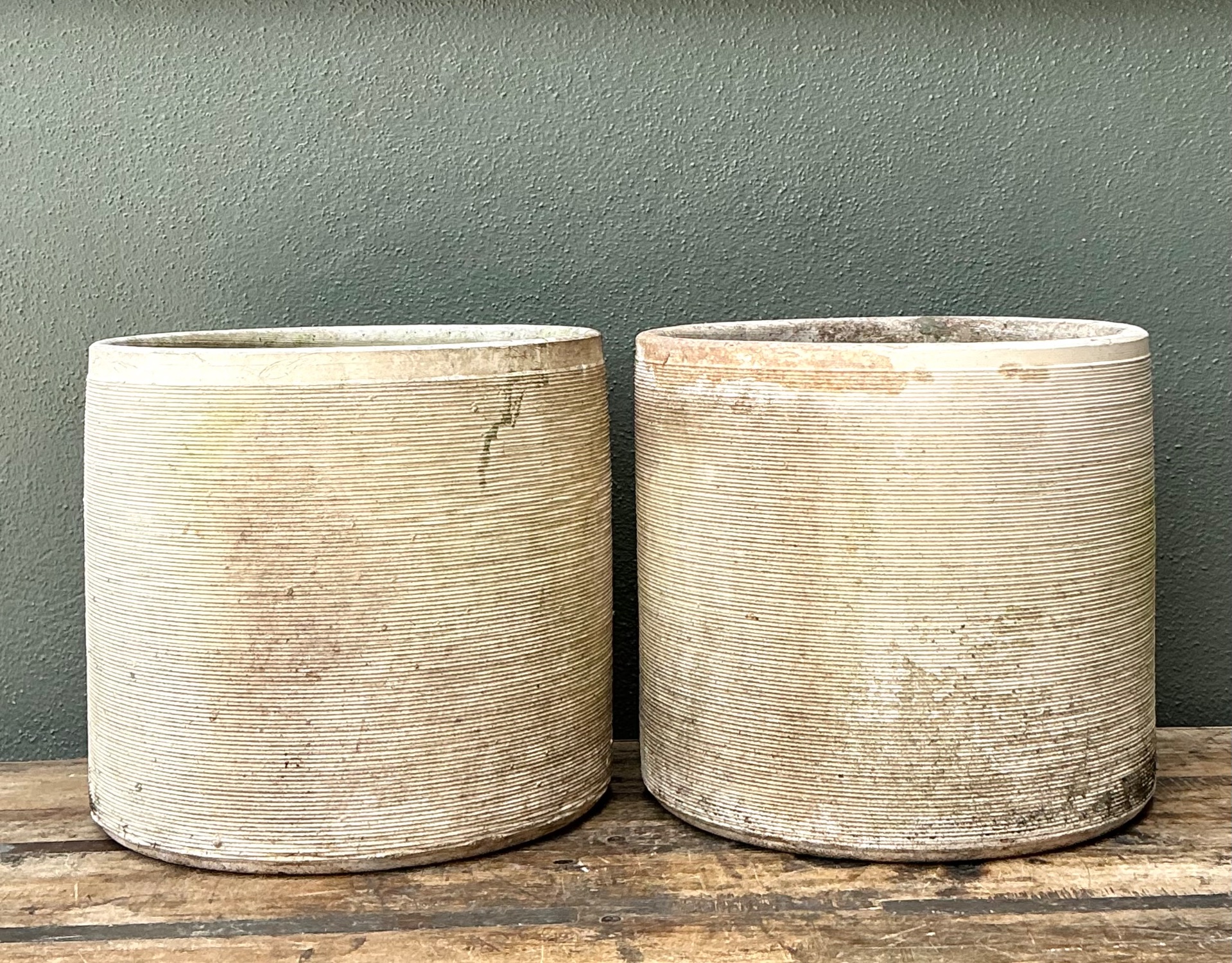 Vintage Ribbed Cement Planters - Pair - Back view