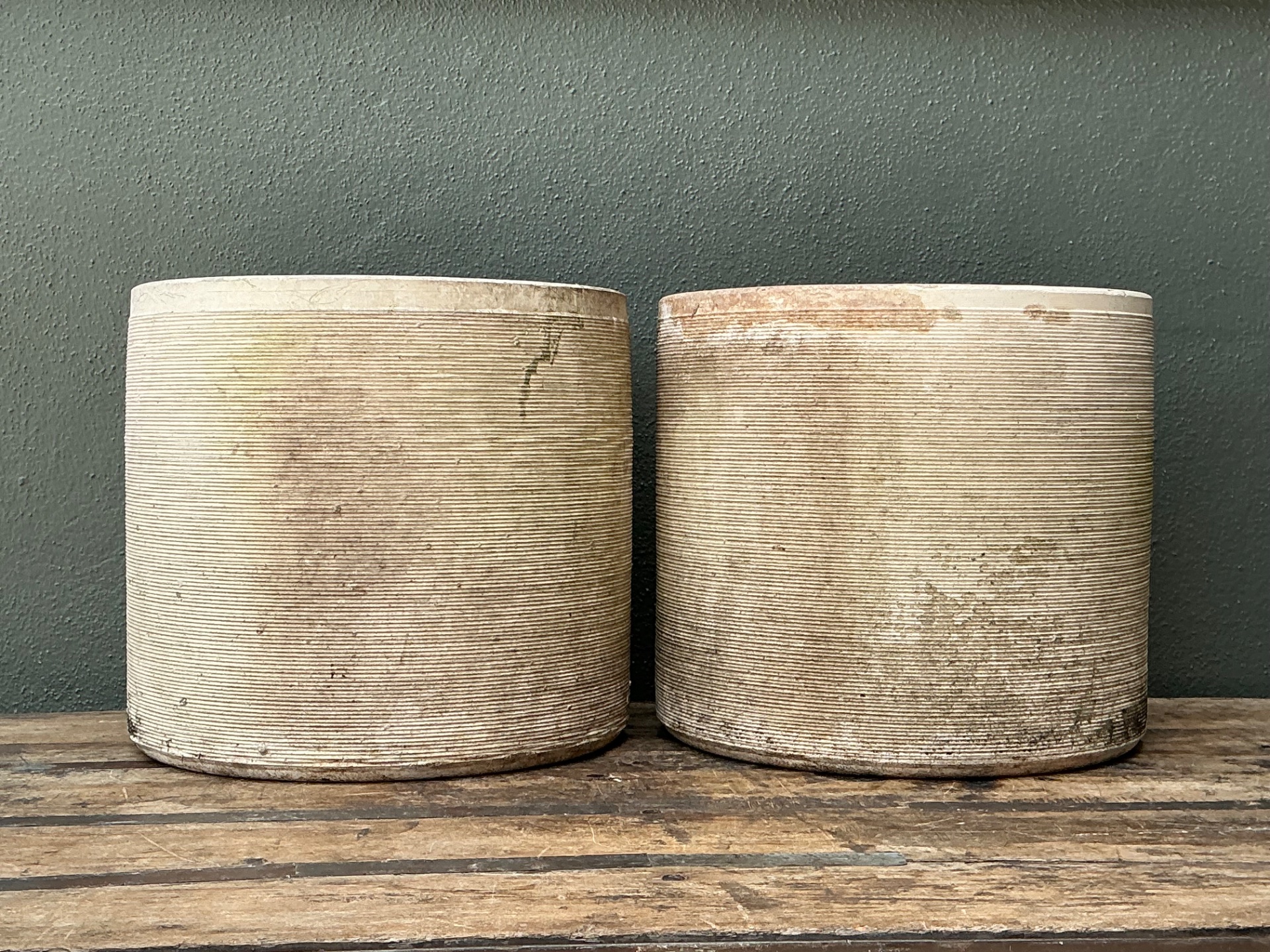 Vintage Ribbed Cement Planters - Pair - Detail view
