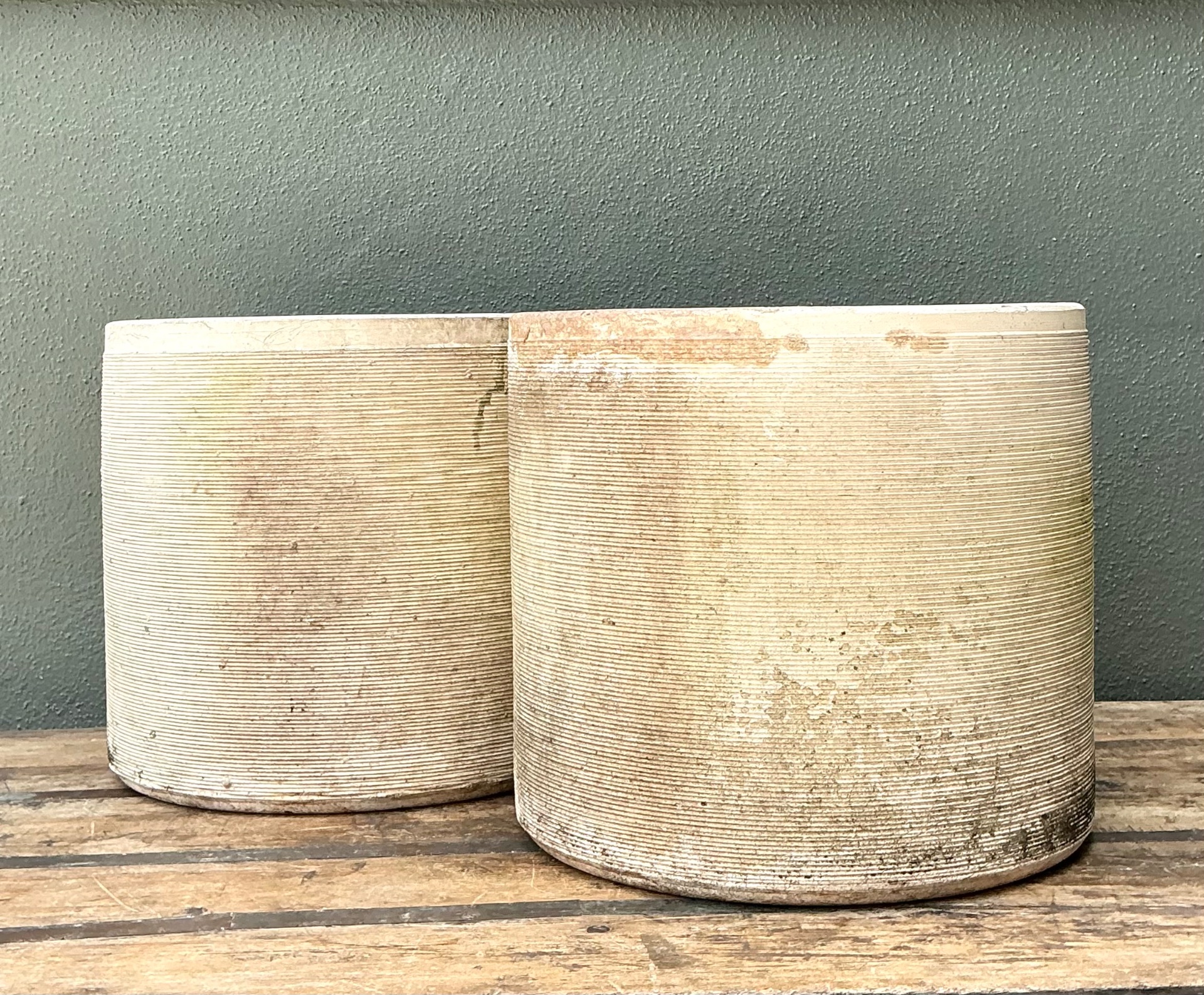 Vintage Ribbed Cement Planters - Pair - Top view