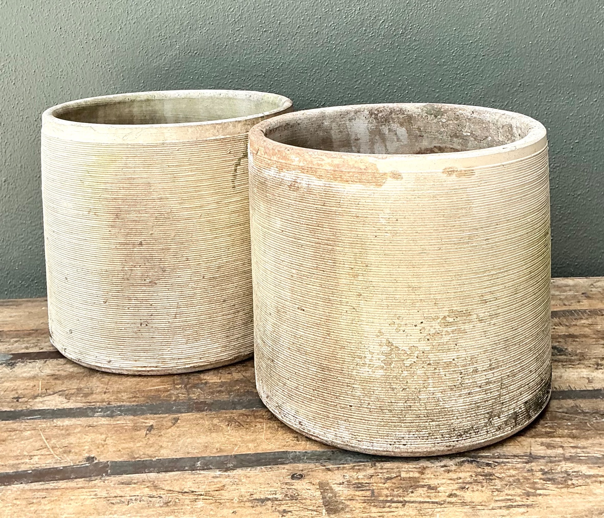Vintage Ribbed Cement Planters - Pair - Side view