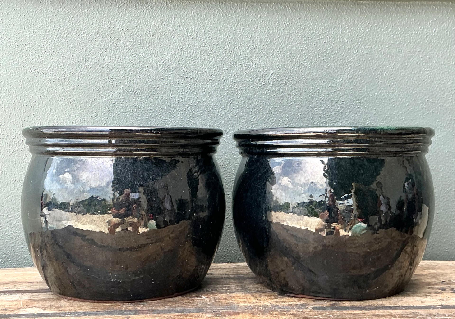 Vintage Ceramic Planters in Black Over Green Glaze - Set of 2 - Side view