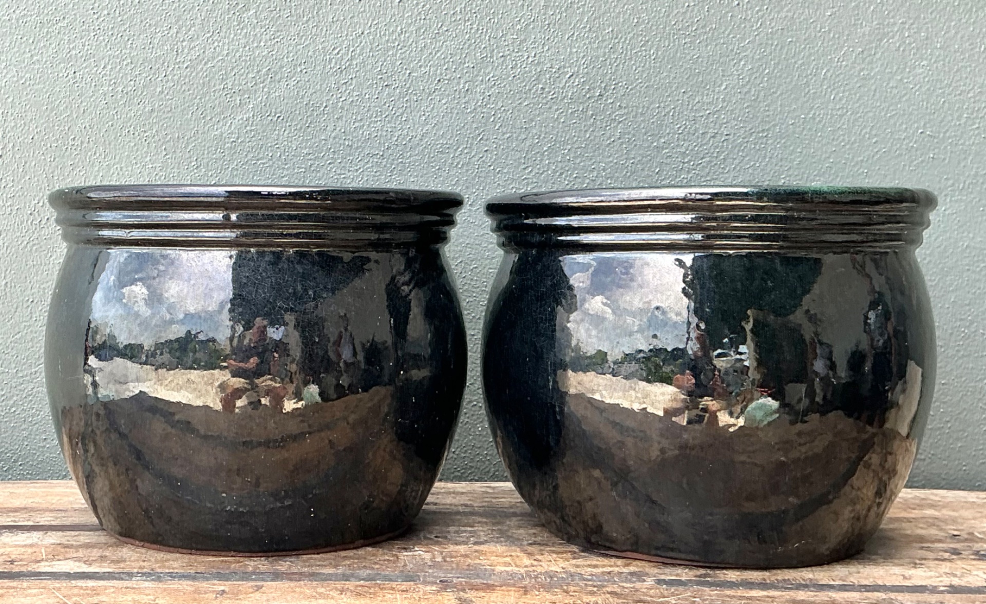Vintage Ceramic Planters in Black Over Green Glaze - Set of 2 - Top view