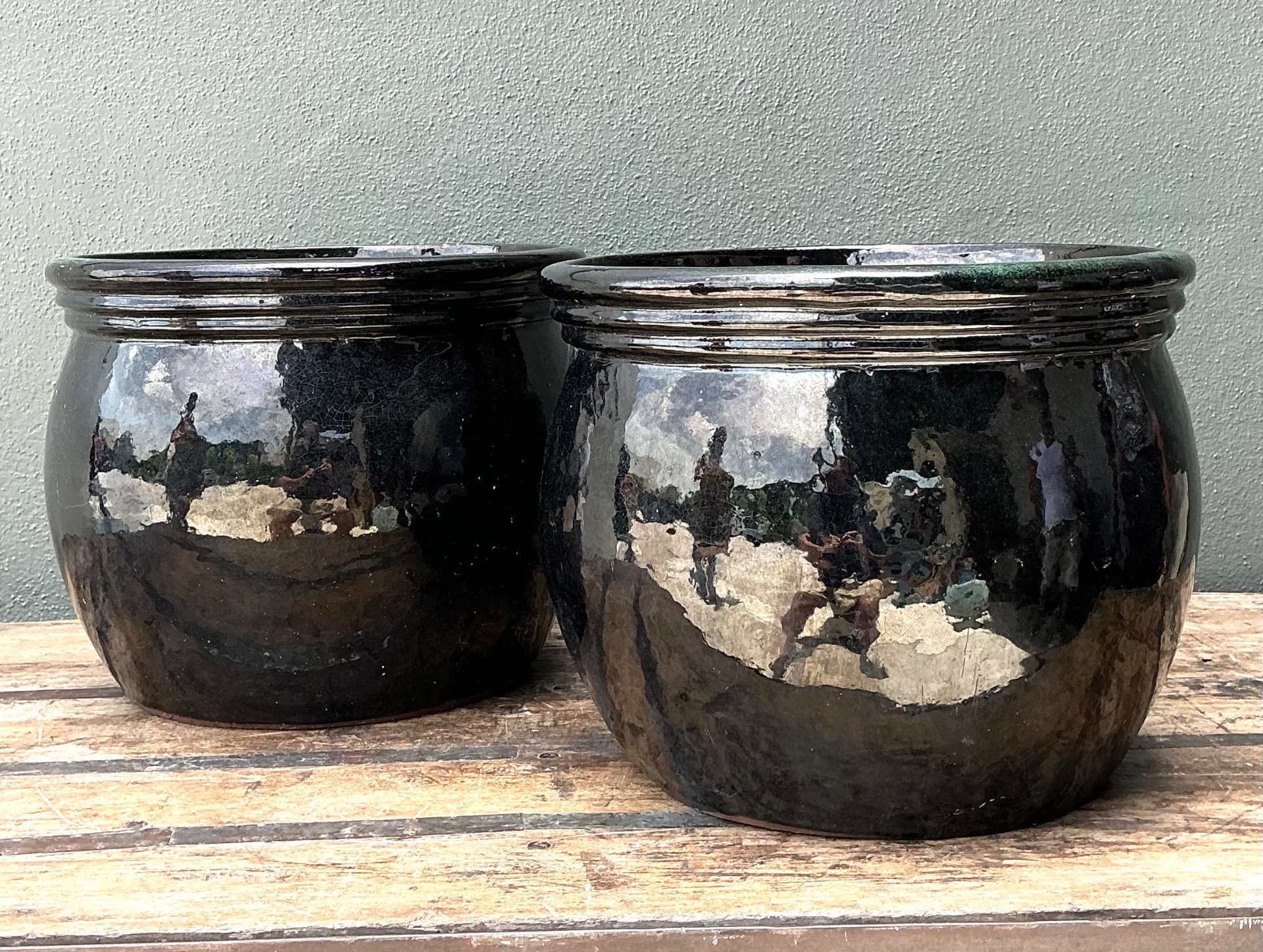 Vintage Ceramic Planters in Black Over Green Glaze - Set of 2 - Back view