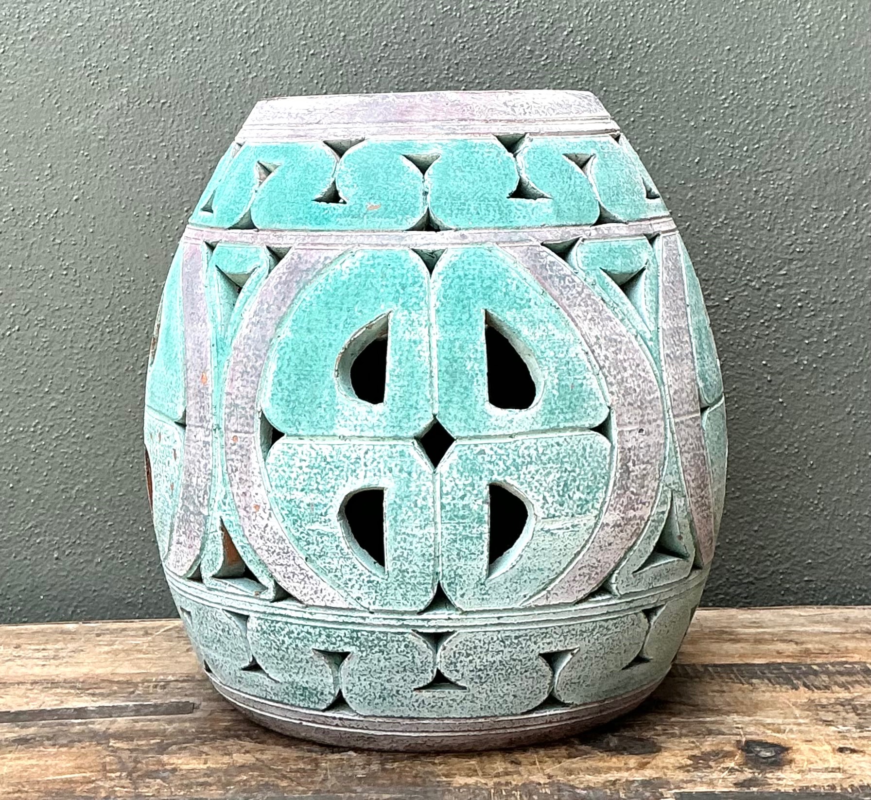 Vintage Patinated Ceramic Low Stool - Side view