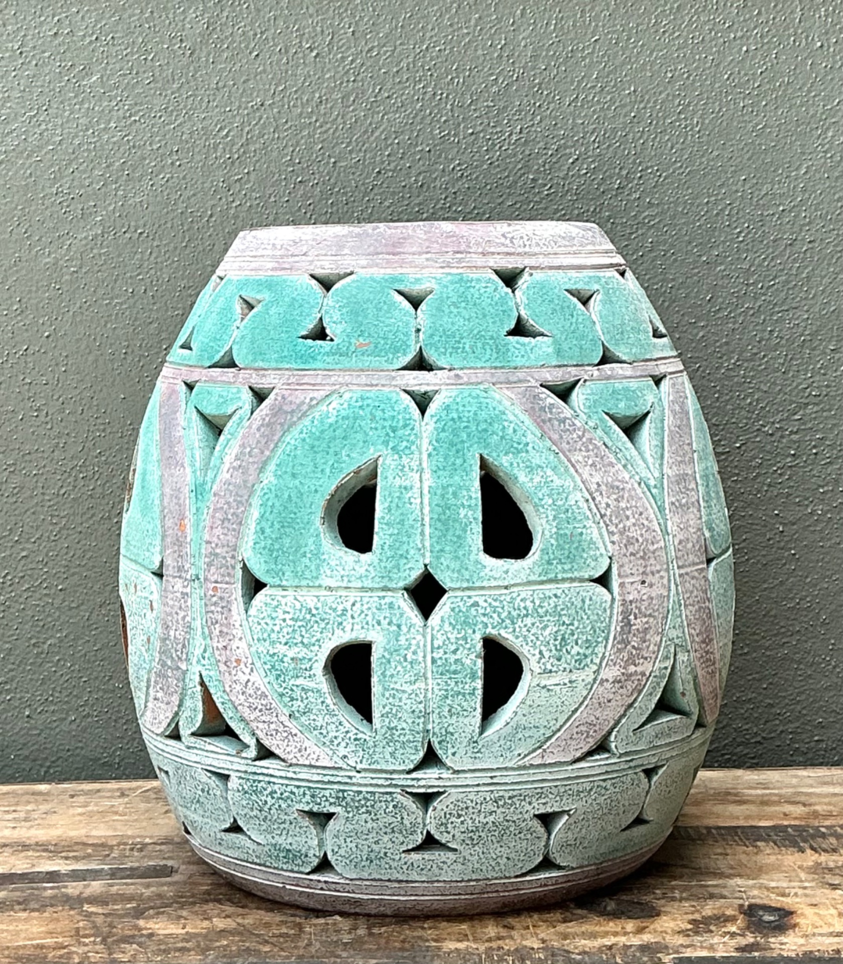 Vintage Patinated Ceramic Low Stool - Back view