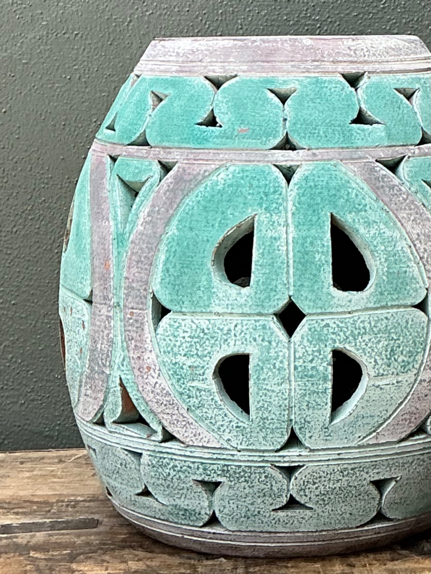 Vintage Patinated Ceramic Low Stool - Detail view