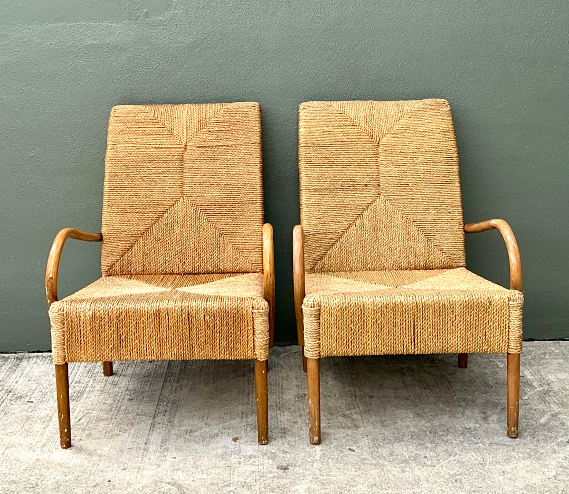 Vintage Japanese Wood and Twisted Jute  Lounge Chairs - Pair - Detail view