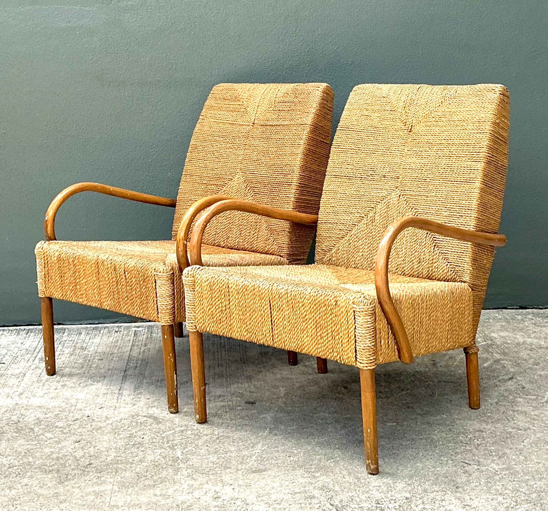 Vintage Japanese Wood and Twisted Jute  Lounge Chairs - Pair - Back view