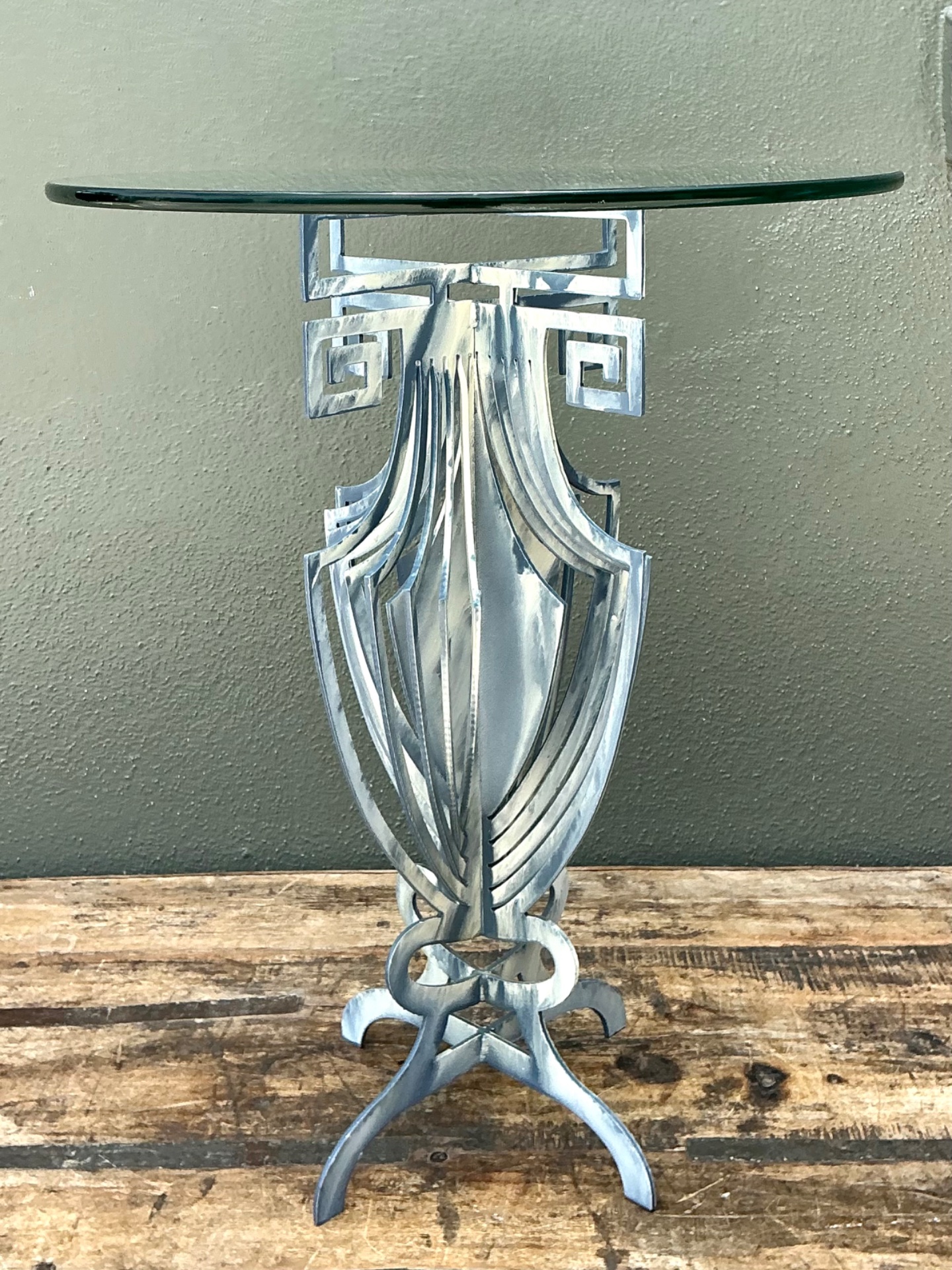 Vintage Greek Key Motif Metal and Glass Drinks Table - Back view