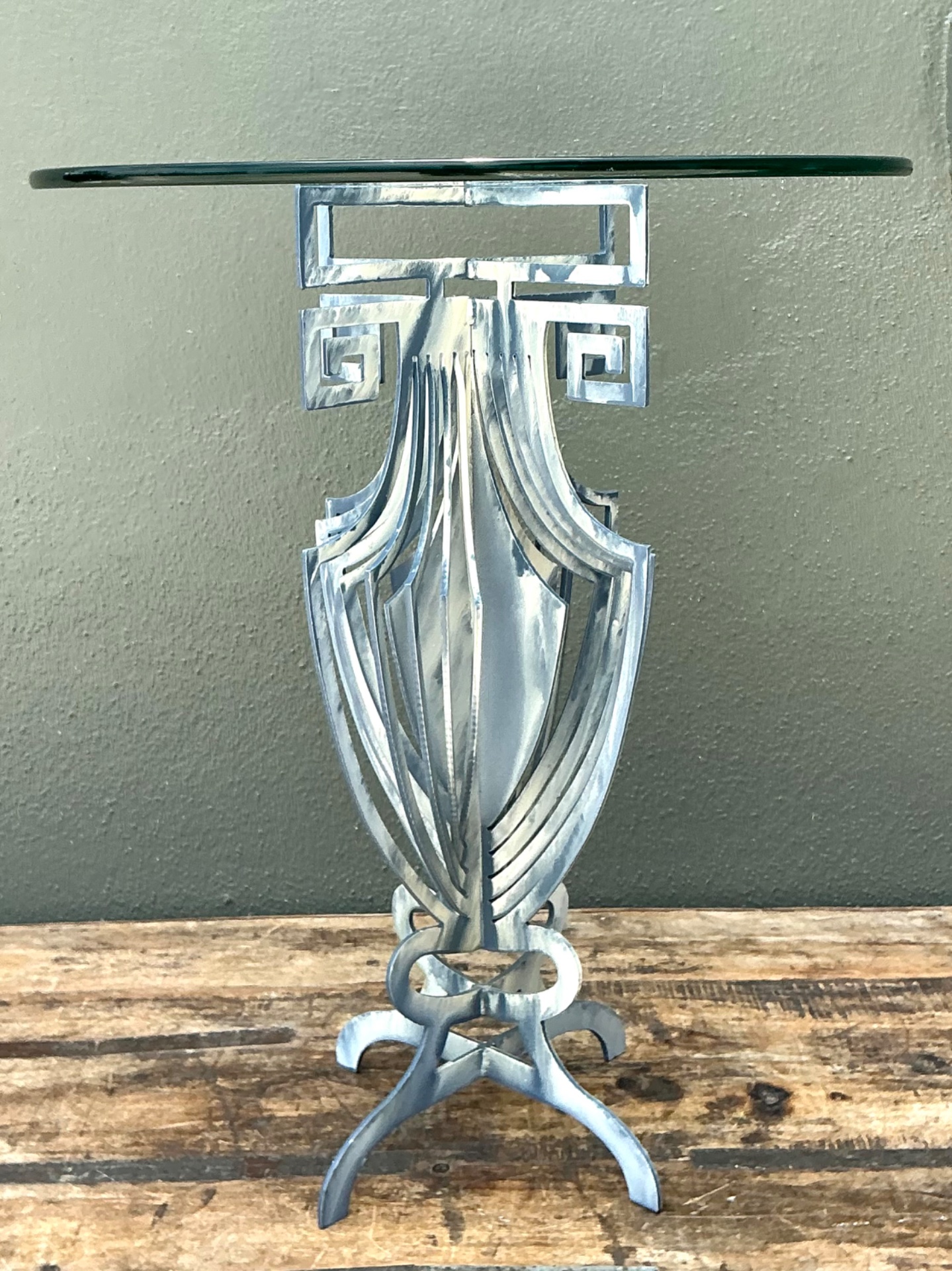 Vintage Greek Key Motif Metal and Glass Drinks Table - Detail view