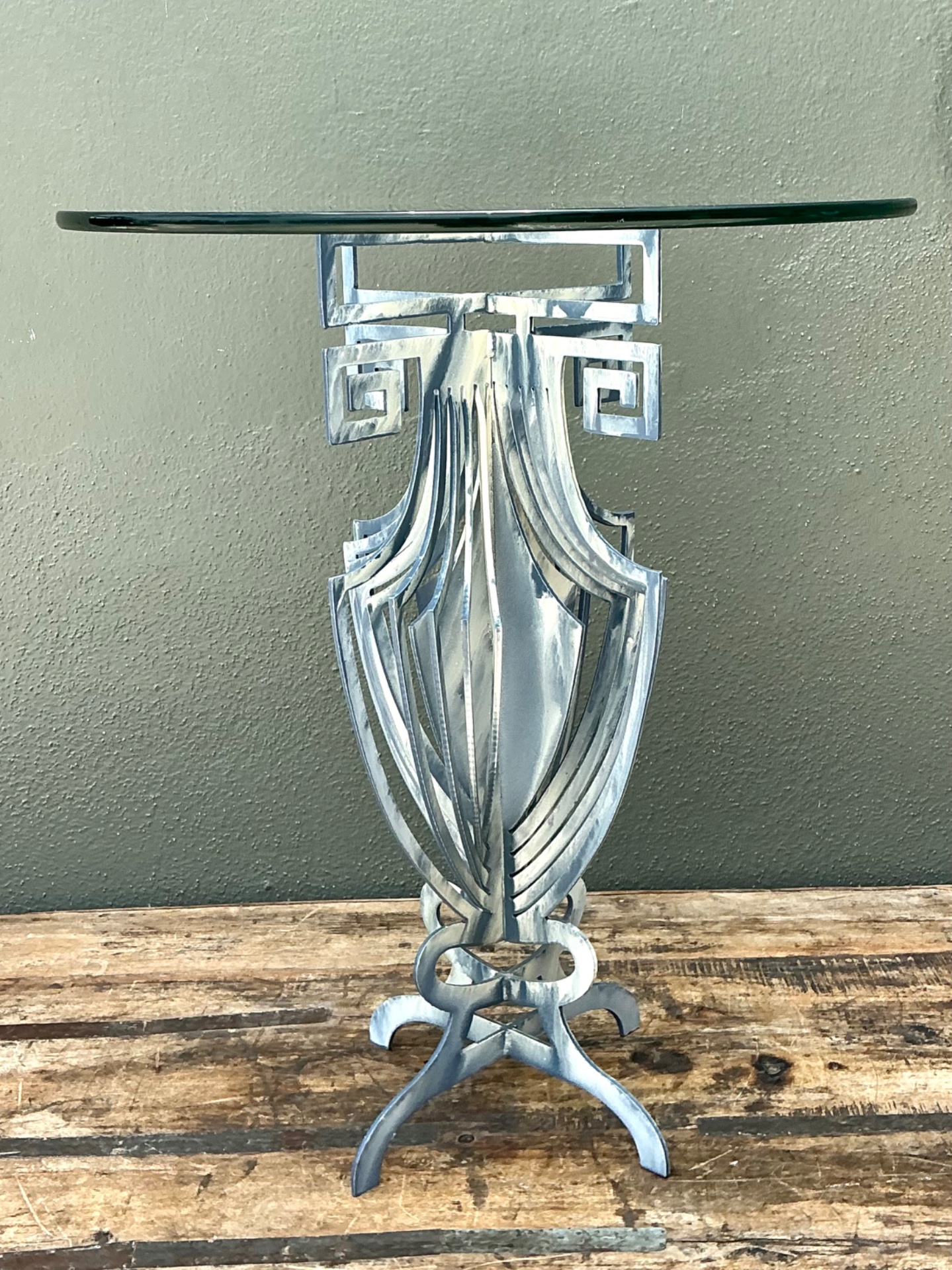 Vintage Greek Key Motif Metal and Glass Drinks Table - Side view