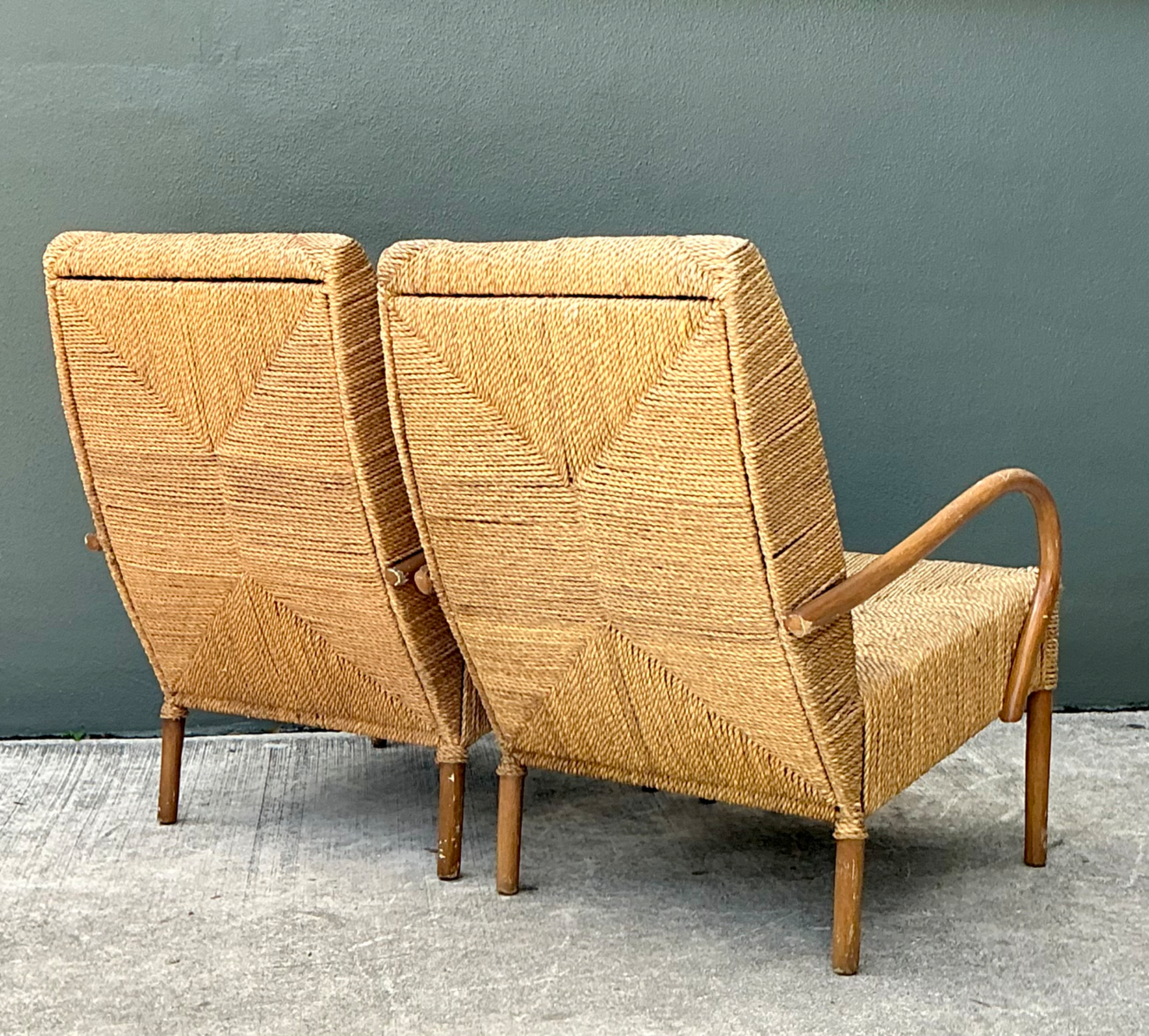 Vintage Japanese Wood and Twisted Jute  Lounge Chairs - Pair - Top view