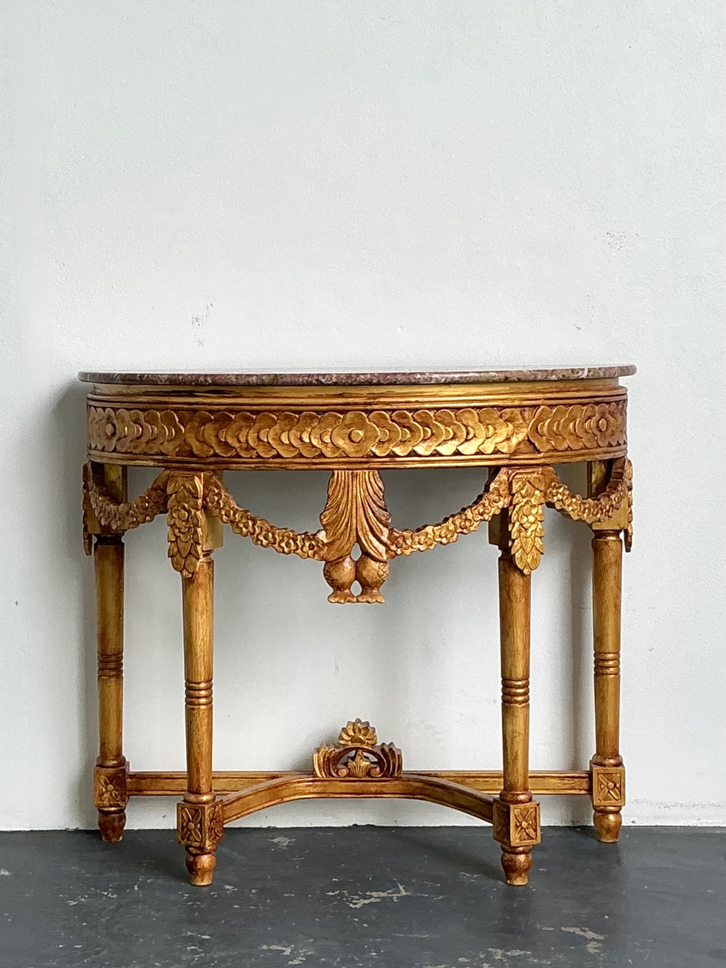 Antique Carved Giltwood Pomegranate Console with Marble Top - Side view